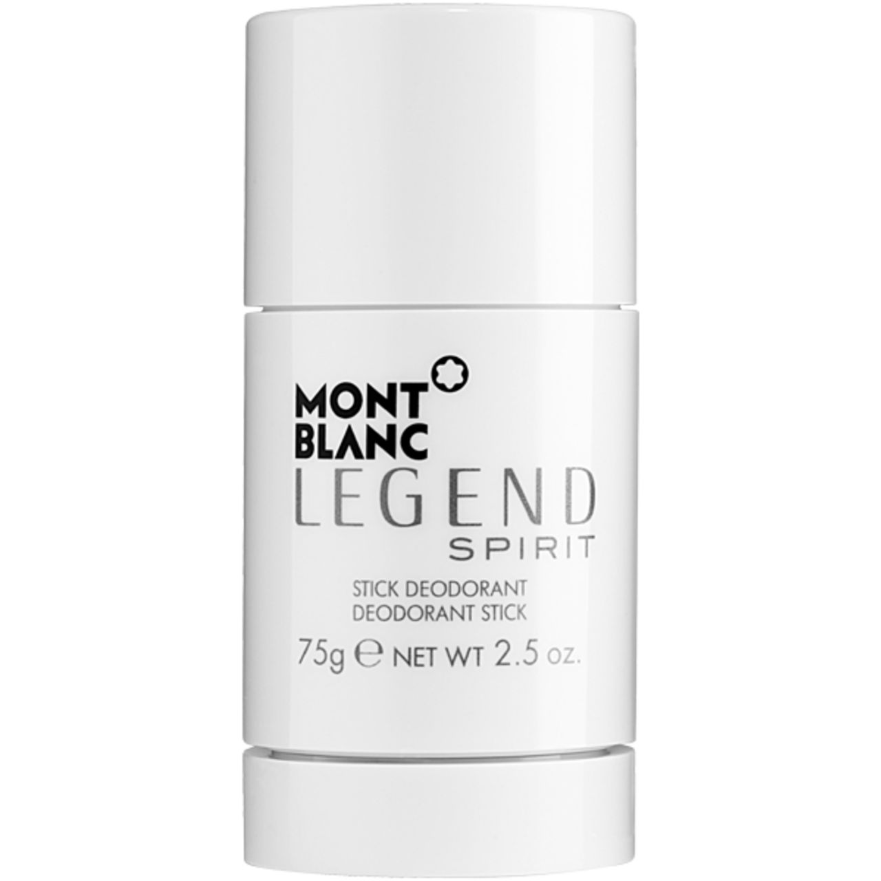 Weißer Deo-Stick. Aufschrift: MONTBLANC LEGEND SPIRIT, STICK DEODORANT, 75g NET WT 2.5 oz.