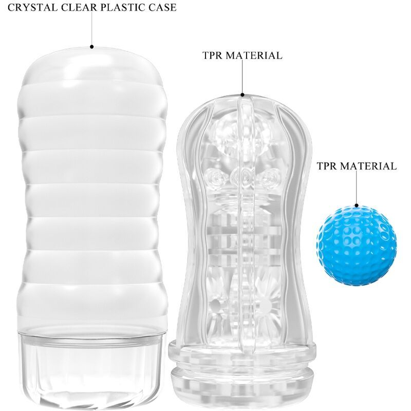 Transparentes Gehäuse und Innenleben. Blaue Kugel. Material: TPR. Beschriftung: Crystal Clear Plastic Case, TPR Material.