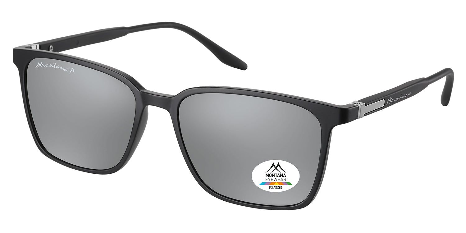 Schwarze Sonnenbrille mit silberfarbenen Gläsern. Montana Eyewear Logo auf dem linken Bügel. Logo auf dem rechten Glas.