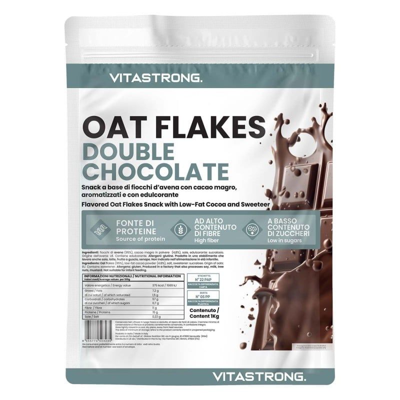 Beutel Oat Flakes Double Choco. Text: Quelle für Protein, hoher Ballaststoffgehalt, zuckerarm. Marke Vitastrong. Produktinformationen.