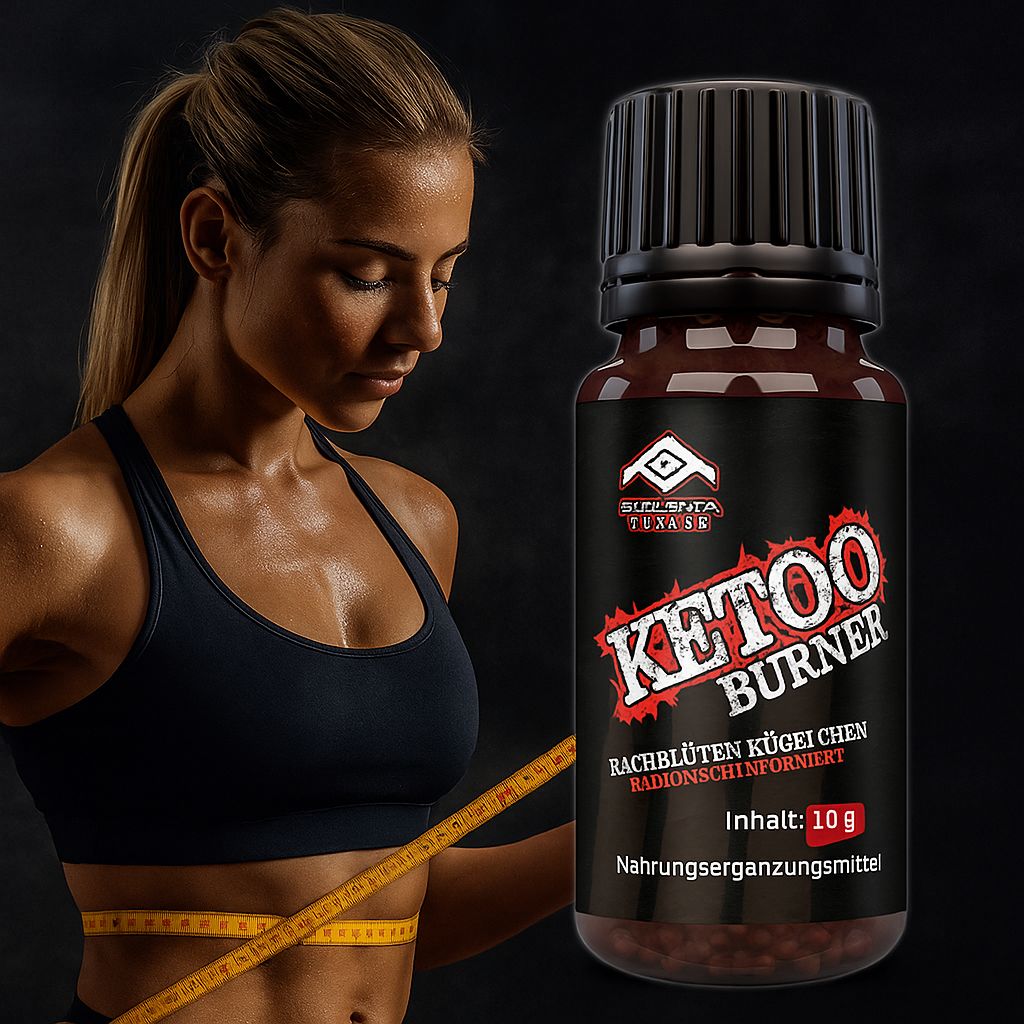 Frau misst ihren Taillenumfang mit einem Maßband. Daneben steht eine braune Flasche mit schwarzem Deckel. Aufschrift: KETOO BURNER.