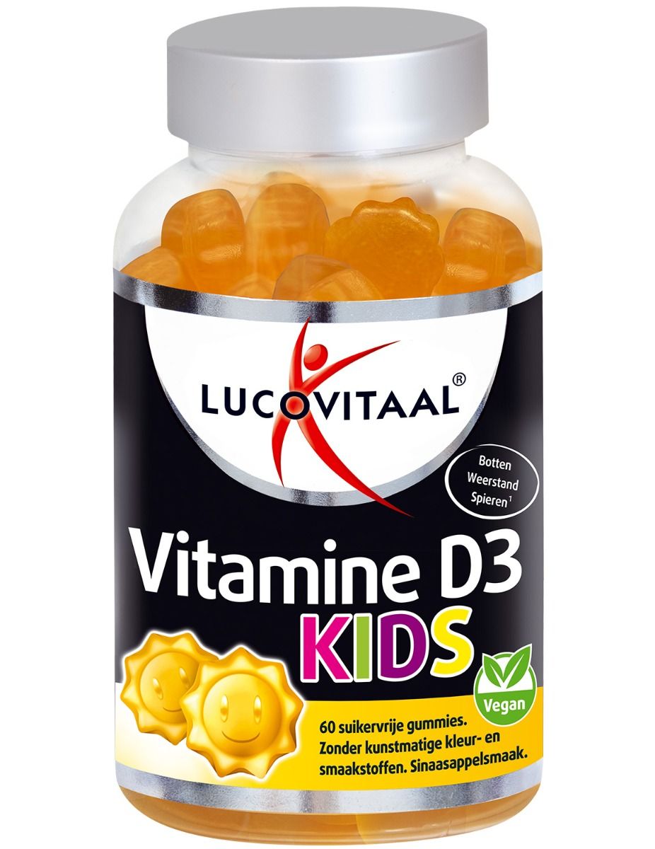 Lucovitaal Vitamin D3 KIDS Gummibärchen in einem Behälter. 60 zuckerfreie Gummibärchen mit Sonnengesichtern.