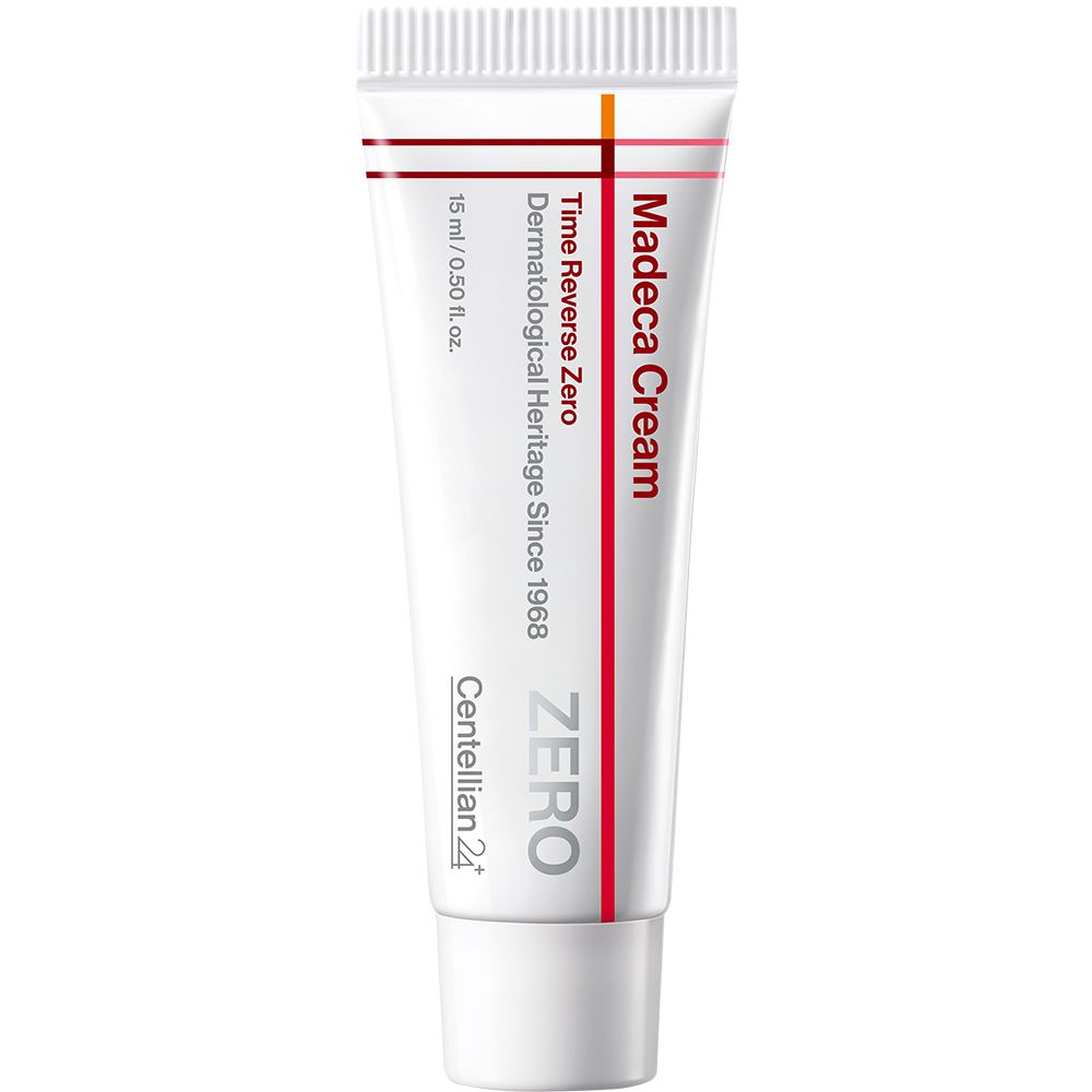 Weiße Tube mit roter und brauner Beschriftung. Produktname: Madeca Cream Time Reverse Zero. Marke: Centellian 24.