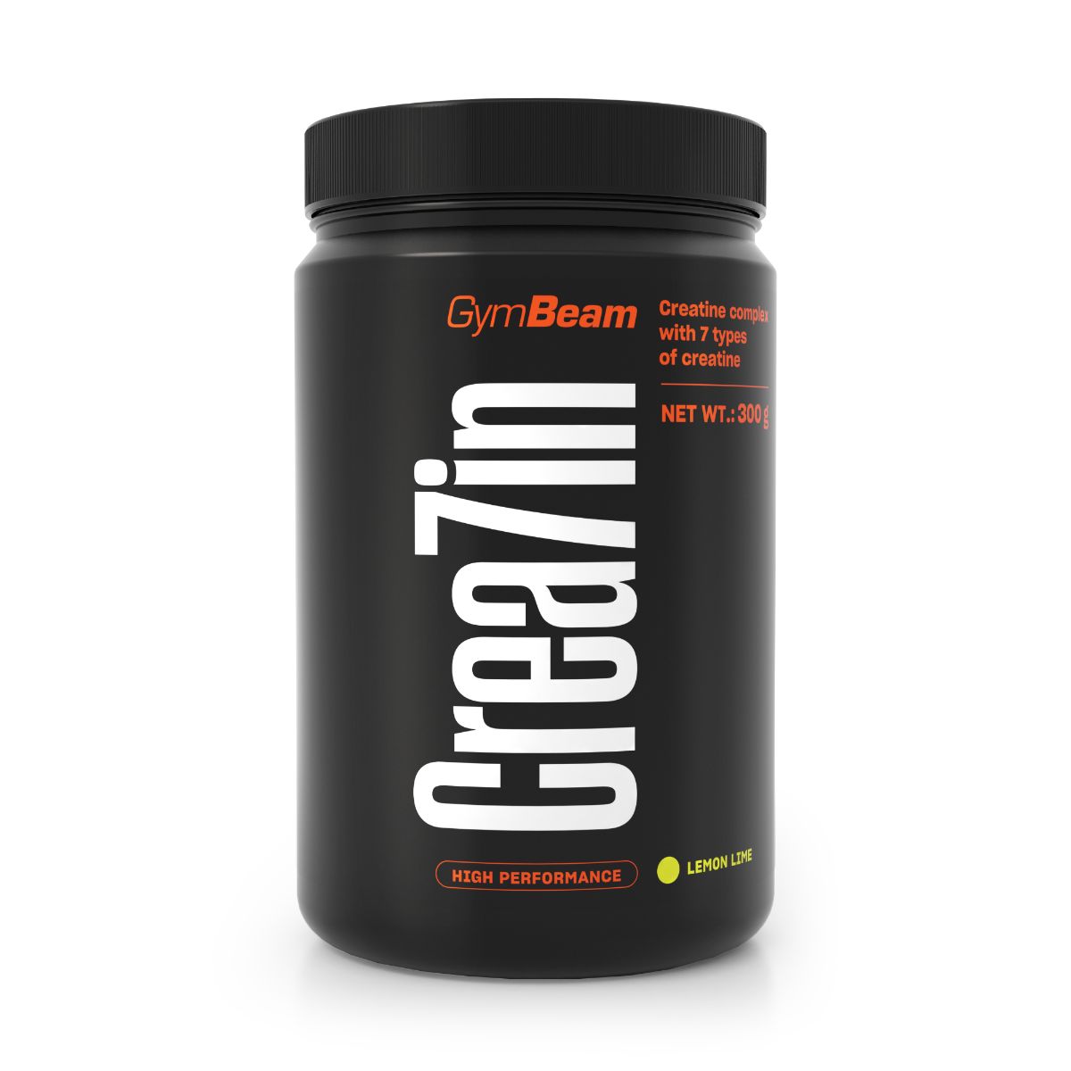 Schwarzer Behälter mit GymBeam Crea7in Etikett, "High Performance" und "Lemon Lime" Aufschrift.