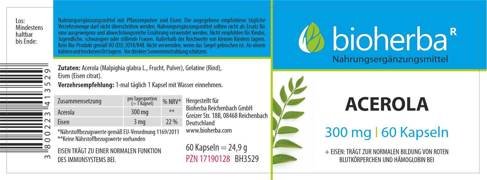 Etikett mit "bioherba" Logo, "Acerola" Schriftzug und Inhaltsangaben. Enthält 60 Kapseln. Text in Deutsch.
