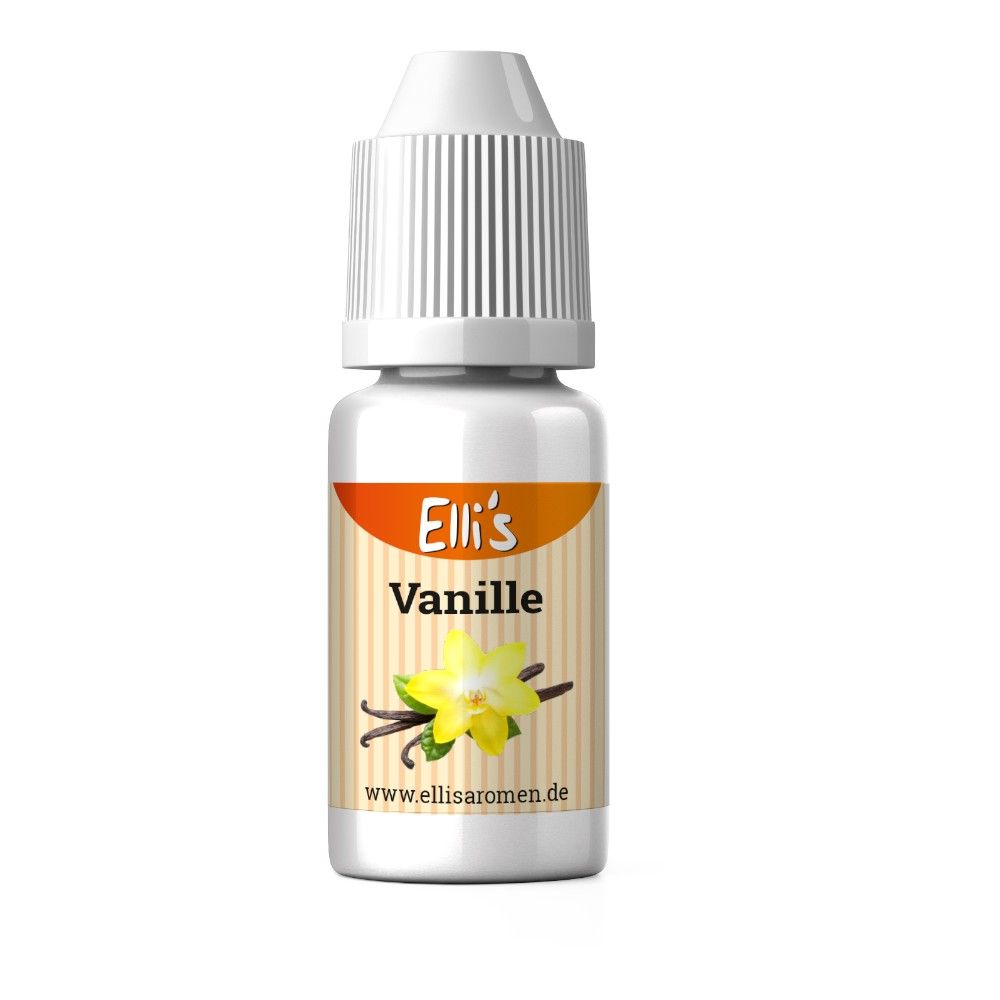 Fläschchen mit weißem Deckel. Etikett mit "Elli's Vanille", Vanilleblüte und -schote. Website-Adresse.