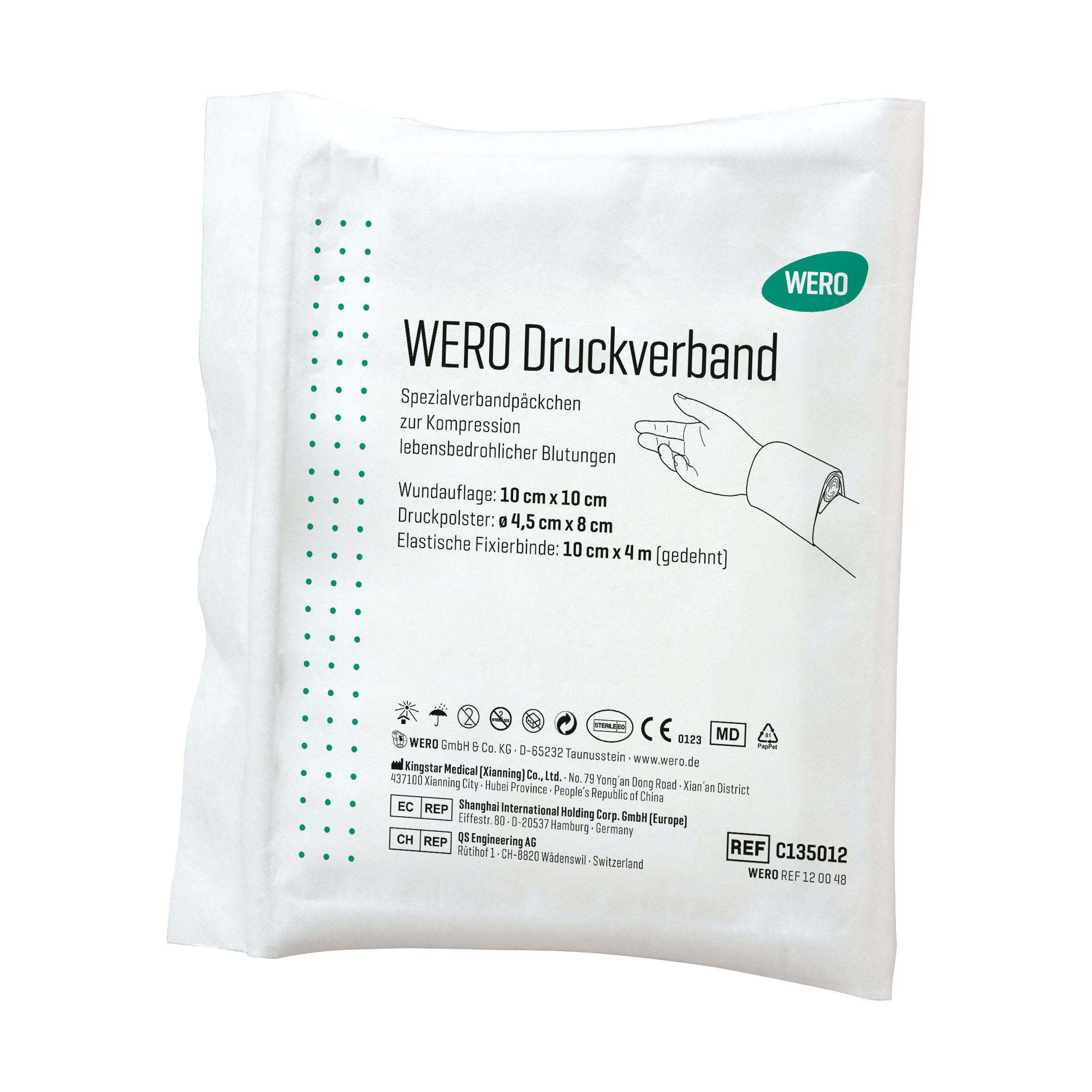 Sterile WERO Druckverband in weißer Verpackung. Produktname und Informationen aufgedruckt. Größenangaben: 10x10cm, 4.5x8cm, 10cmx4m.