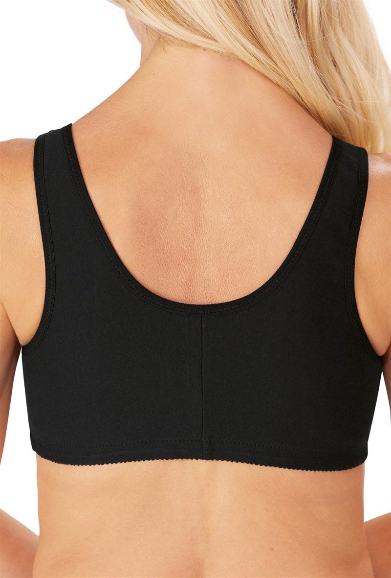 Schwarzer BH-Rückenansicht. U-Ausschnitt, breite Träger. Unterbrust mit Spitze. Mittig vertikale Naht.