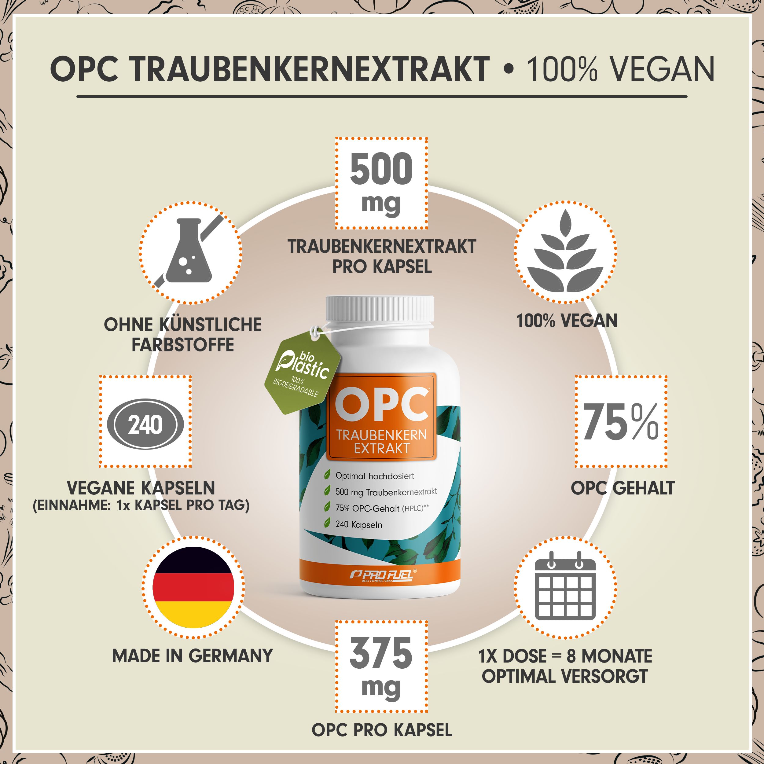 Weiße Flasche mit OPC Traubenkernextrakt Kapseln. Enthält 500mg Traubenkernextrakt pro Kapsel, 240 vegane Kapseln. Made in Germany. 100% vegan.