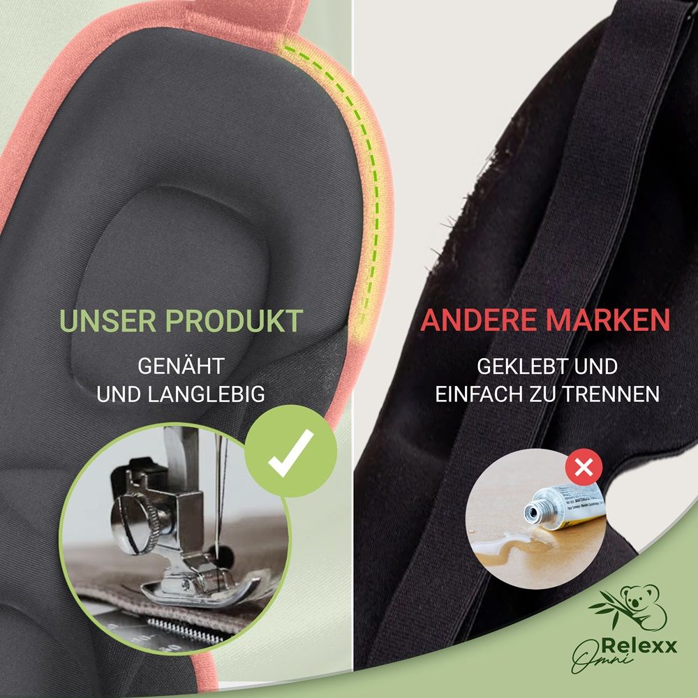 Vergleich: Genähte Schlafmaske vs. geklebte. Relexx Omni Logo. Langlebiges Produkt.