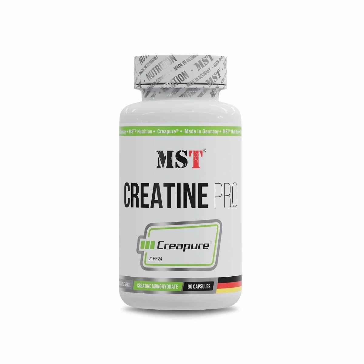Weiße Flasche mit MST Creatine Pro. Aufschrift Creatine Pro, Creapure. 90 Kapseln. Deutscher Flaggenstreifen.