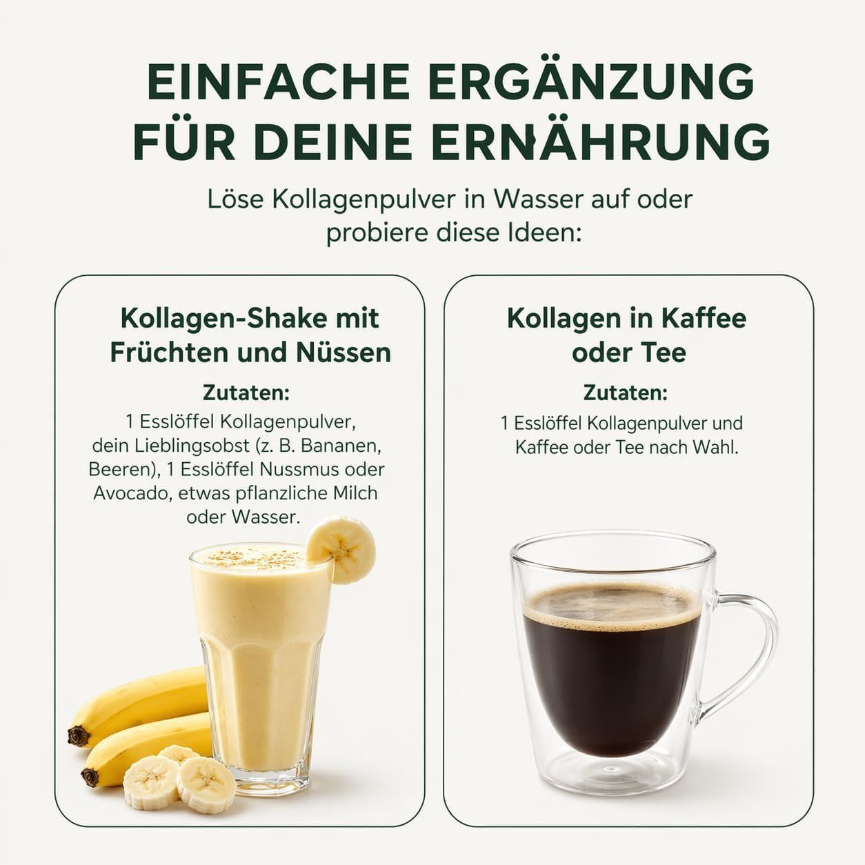 Kollagenpulver in einem Glas Kaffee und einem Fruchtshake. Rezepte für die einfache Ergänzung der Ernährung.