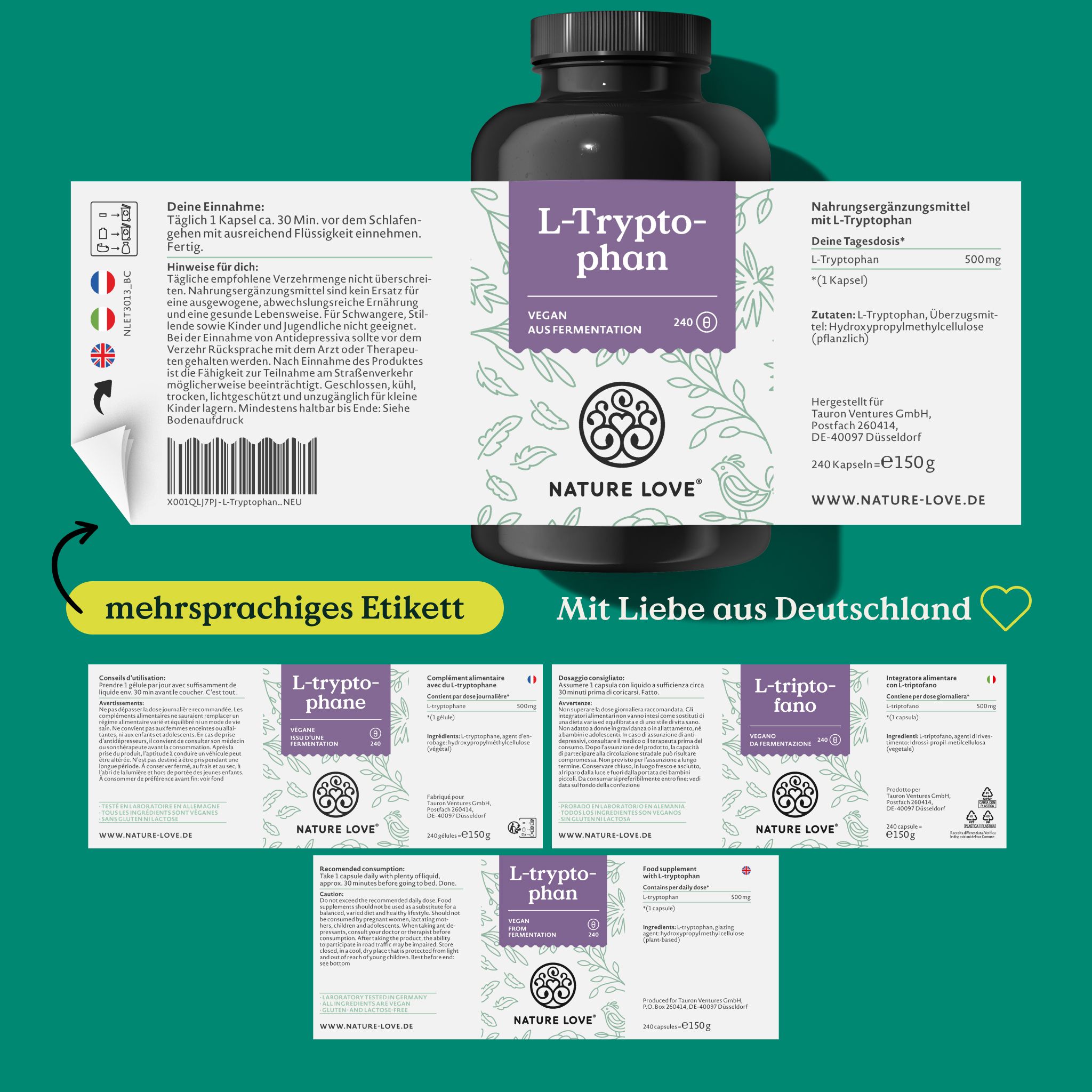 Produktetikett mit mehrsprachigen Informationen. Flasche mit L-Tryptophan und Logo NATURE LOVE®. Zusätzliche Etiketten in verschiedenen Sprachen.