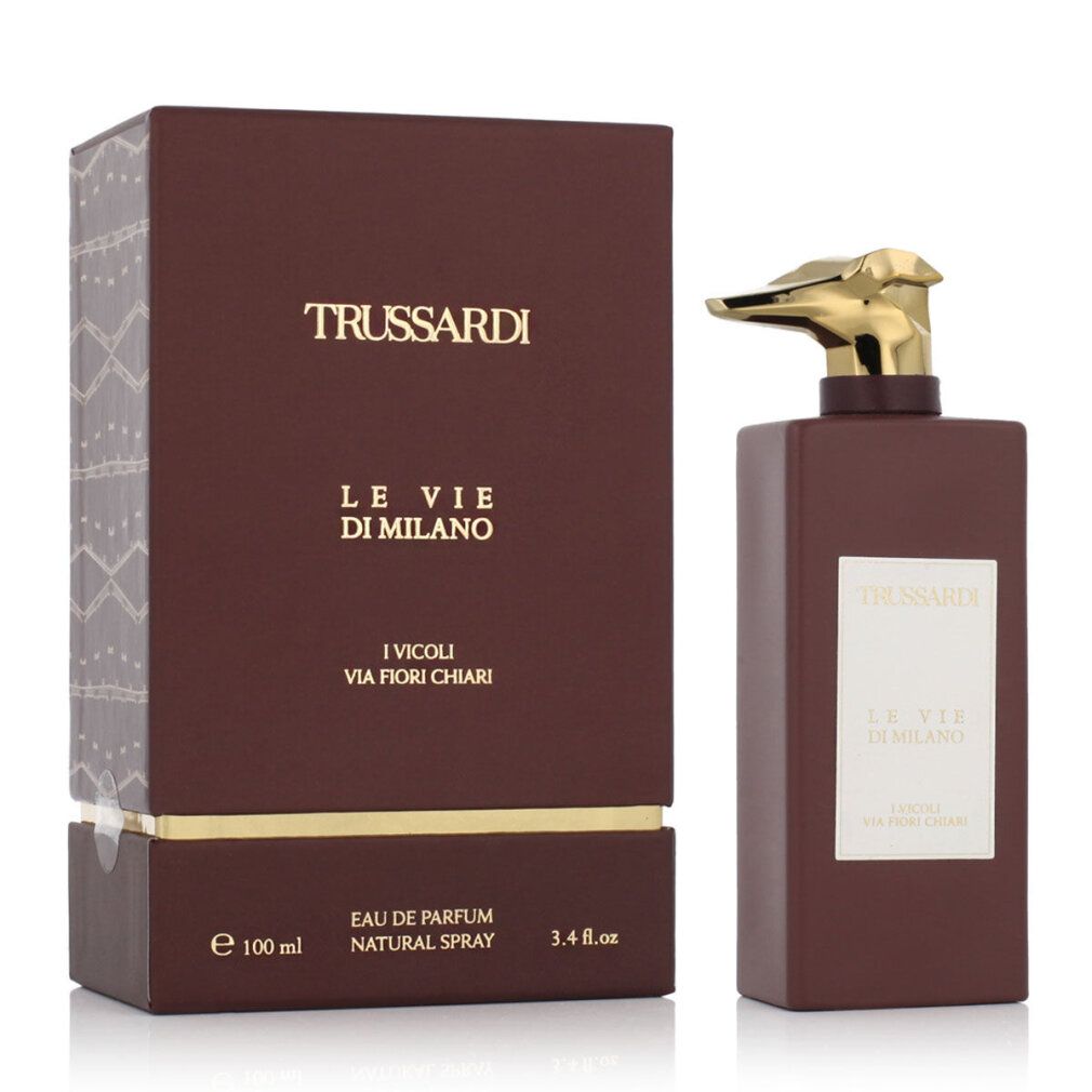 Trussardi Le Vie Di Milano Eau de Parfum Flakon und Schachtel. Braune Flasche mit goldenem Sprühkopf und weißem Etikett.