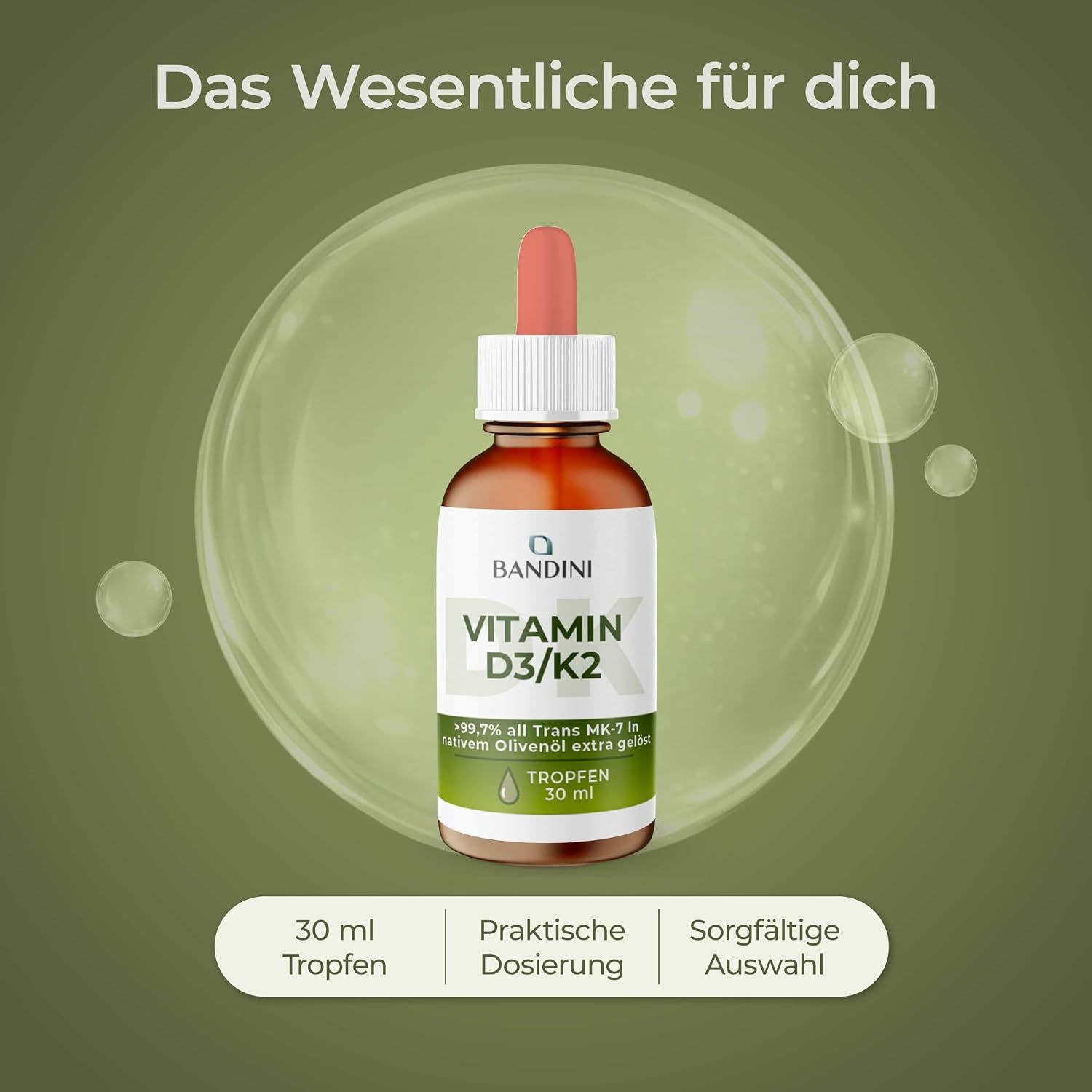 Flasche "BANDINI VITAMIN D3/K2" in einer Blase. "Tropfen 30 ml".