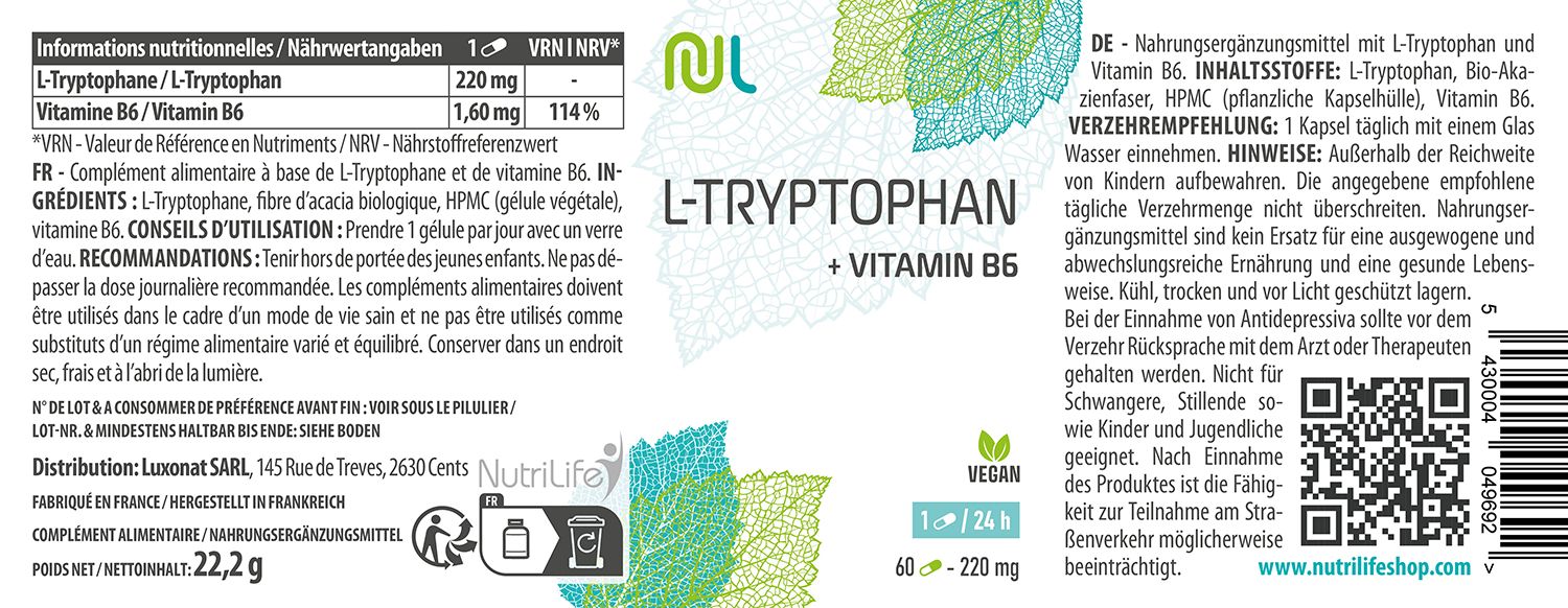 Rückseite der Flasche. Aufschrift: L-Tryptophan + Vitamin B6. Vegan-Siegel. Nährwertangaben und Inhaltsstoffe.