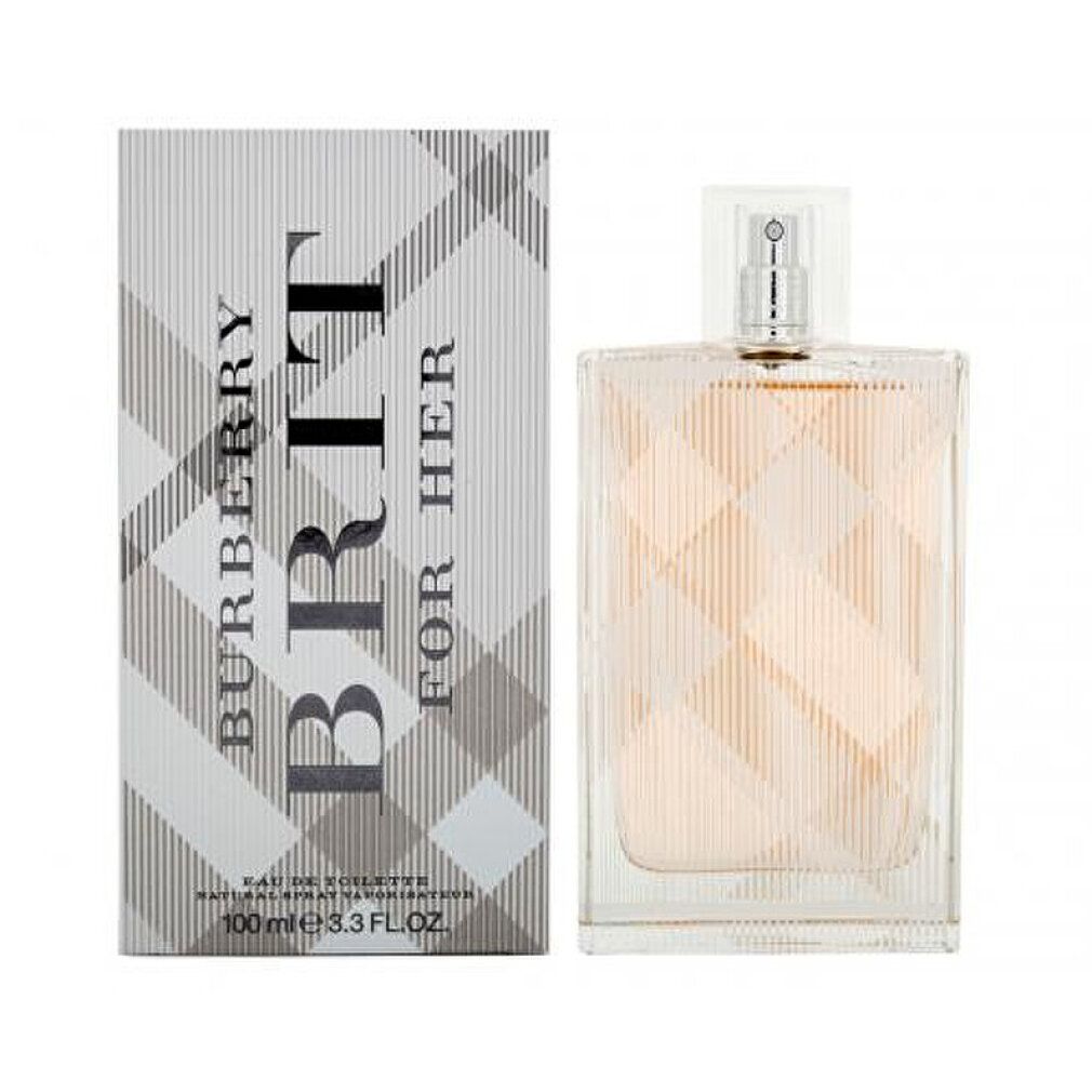 Burberry Brit for Her Eau de Toilette Flakon und Verpackung. Quadratischer Flakon mit Sprühkopf. Verpackung mit Karo-Muster und Schriftzug.