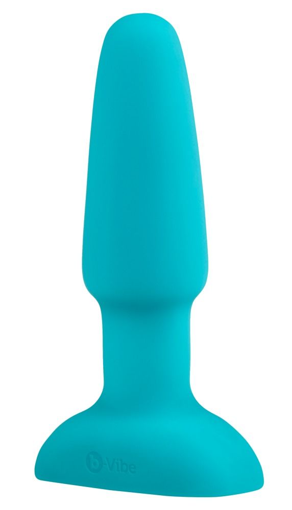 Türkisfarbener Analvibrator. Kegelförmiger Schaft, breite Basis. B-vibe Logo.
