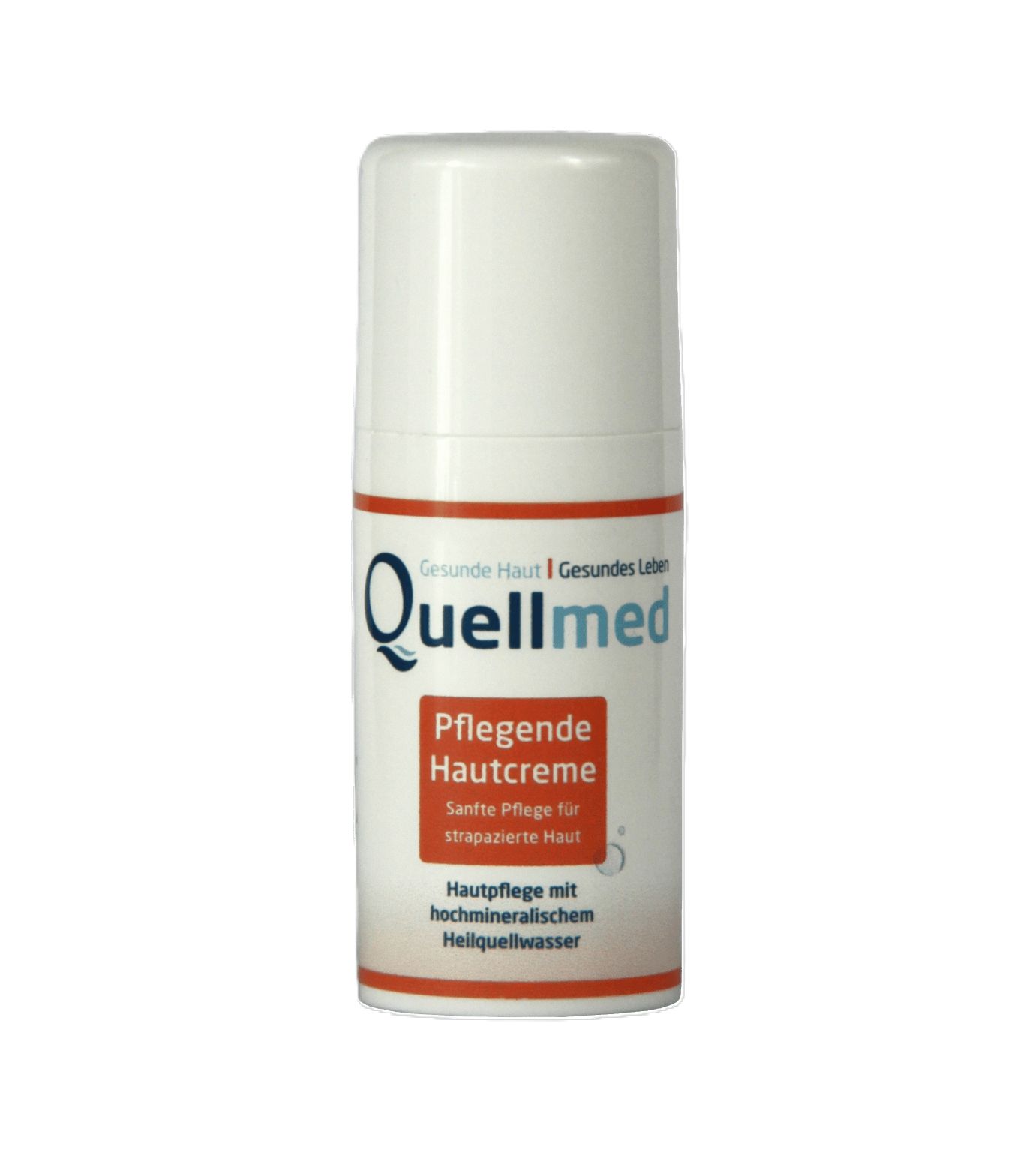 Weiße Flasche mit "Quellmed"-Logo und Text. "Pflegende Hautcreme" und "Sanfte Pflege für strapazierte Haut" sind sichtbar.