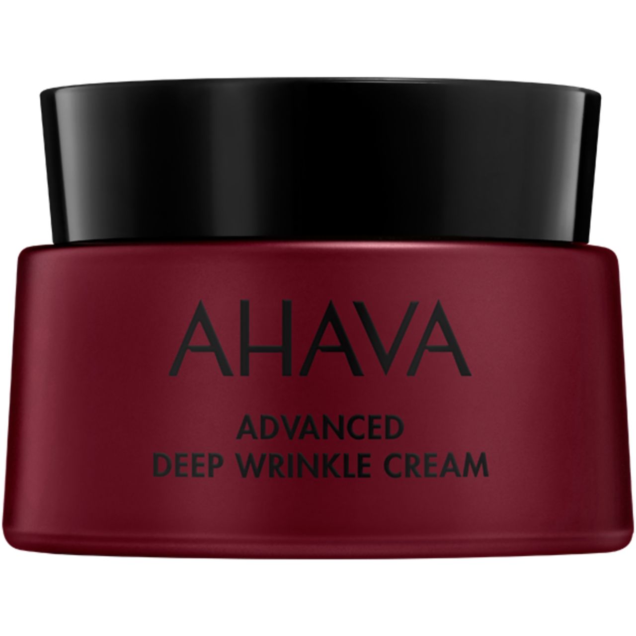 Roter Tiegel mit schwarzem Deckel. AHAVA-Schriftzug und Produktbezeichnung. "Advanced Deep Wrinkle Cream" steht darunter.