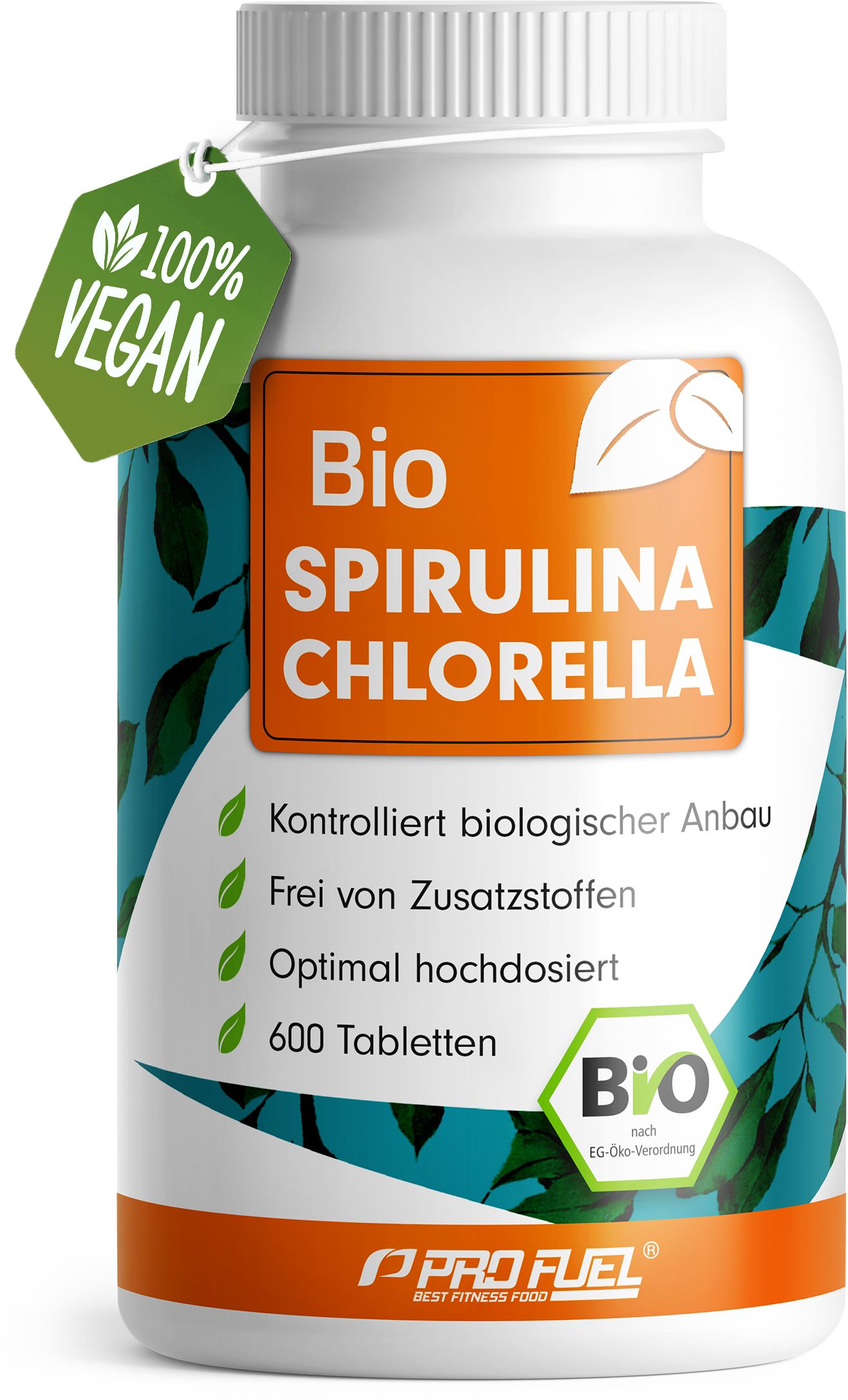 Weiße Flasche mit Aufschrift Bio Spirulina Chlorella. Grün-orangefarbenes Etikett. 100% Vegan-Siegel.