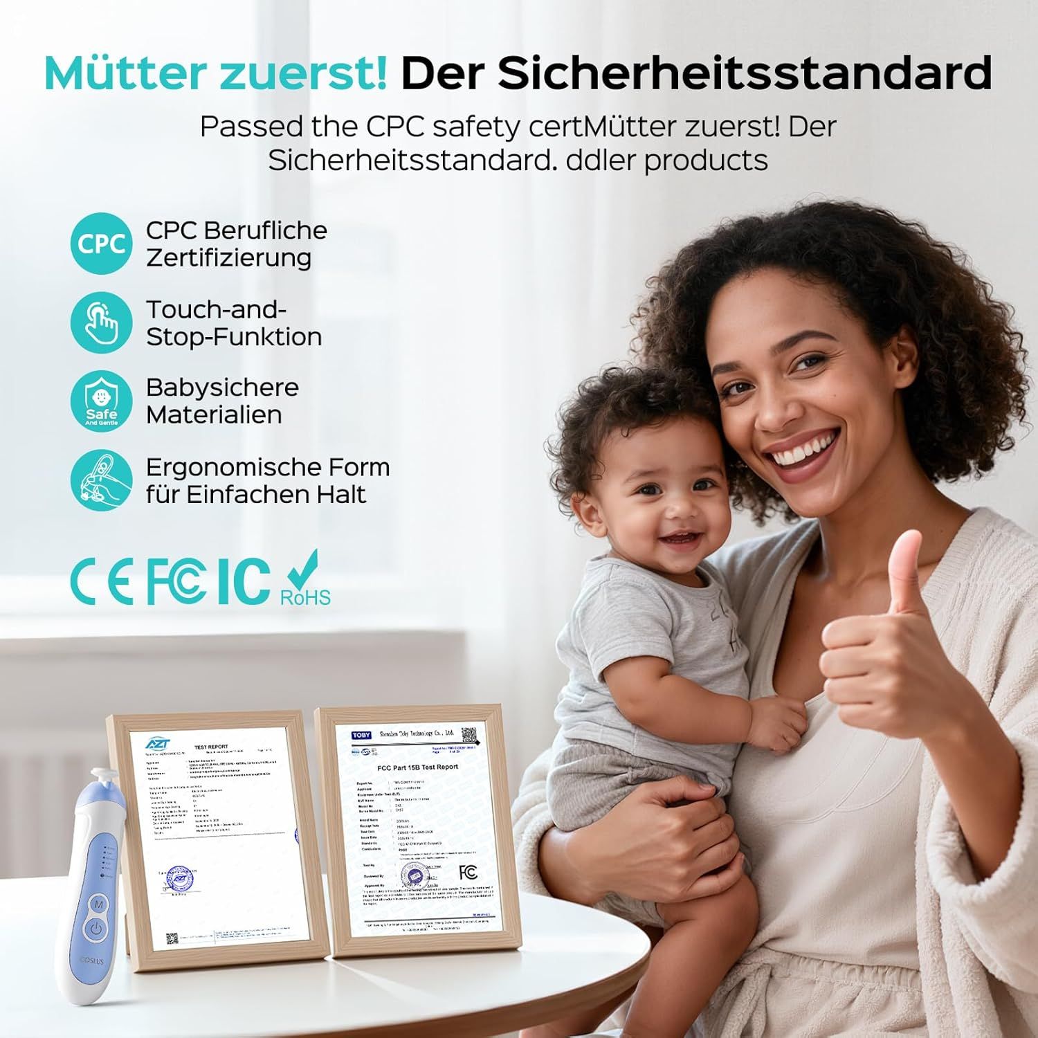 Elektrische Nagelfeile, blau-weiß. Zertifizierungen: CPC, CE, FC, RoHS. Frau mit Baby, Daumen hoch. Zwei Zertifikate.