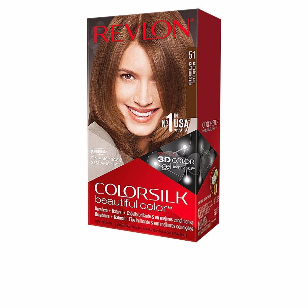 Revlon Colorsilk Packung. Aufdruck: 51 Castaño Claro, ohne Ammoniak. Abbildung einer Frau mit braunen Haaren. Produktverpackung.
