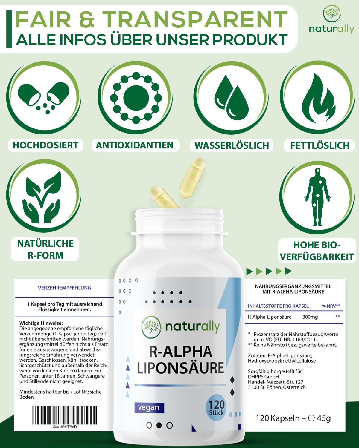Weiße Flasche mit "naturally R-Alpha Liponsäure". 120 Kapseln, vegan. Grafiken: hochdosiert, Antioxidantien, wasserlöslich, fettlöslich.