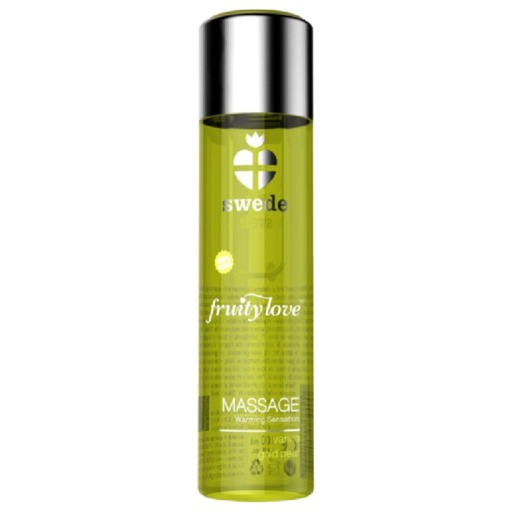 Grüne Flasche mit silbernem Deckel. Aufschrift: Swede, fruity love, Massage.