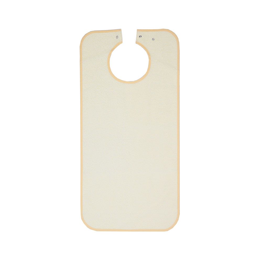 Frottee-Schürze mit Druckknopfverschluss. Beige. Rechteckig mit rundem Halsausschnitt und Druckknöpfen.