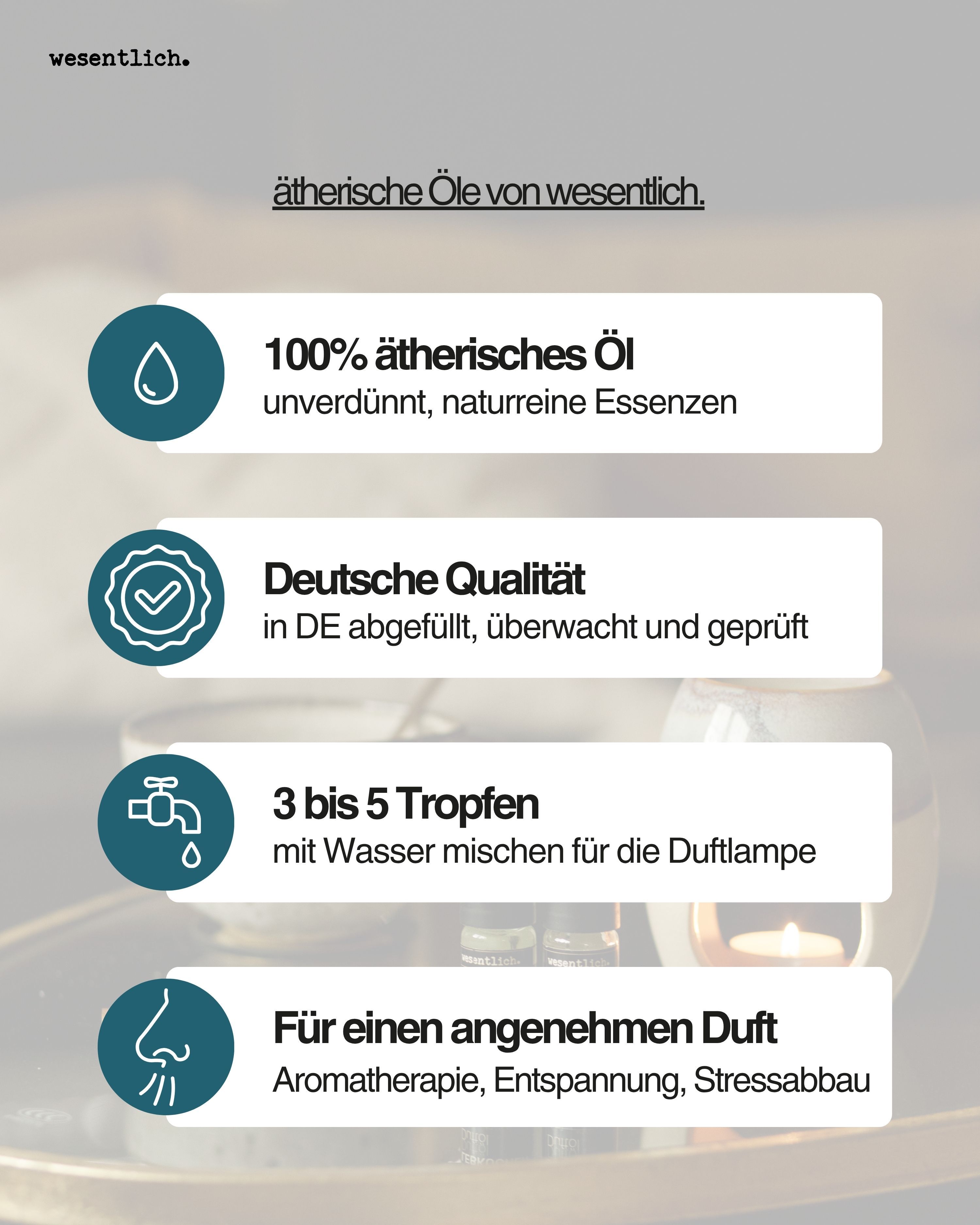 Flasche Zedernholzöl mit Icons: 100% ätherisches Öl, Deutsche Qualität, Dosierung, Duft.