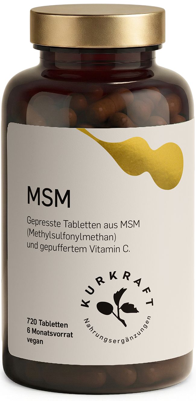 Braune Flasche mit goldfarbenem Deckel. Aufschrift: MSM, gepresste Tabletten. Marke: Kurkraft. 720 Tabletten, 6 Monatsvorrat, vegan.
