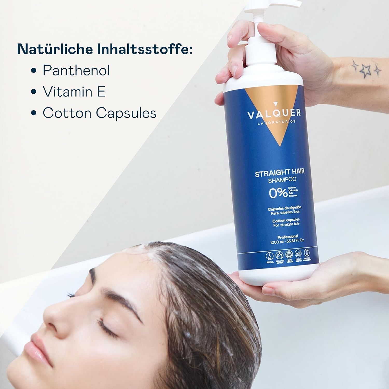 Eine Hand hält eine Flasche Valquer Straight Hair Shampoo mit Pumpaufsatz. Inhaltsstoffe: Panthenol, Vitamin E, Baumwollkapseln.
