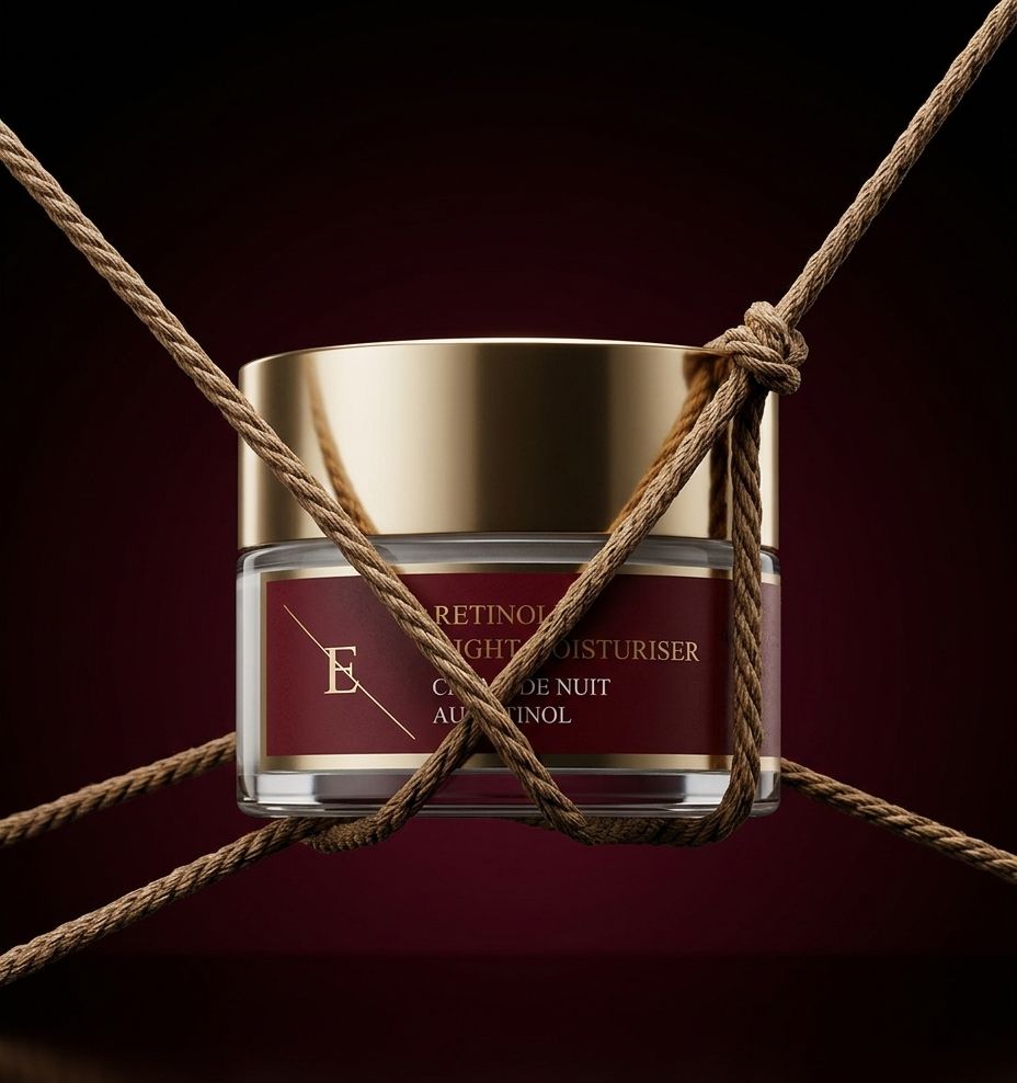 ErthSkin London Retinol Nachtfeuchtigkeitscreme, gesichert durch Seile, mit goldfarbenem Deckel und rotem Etikett.