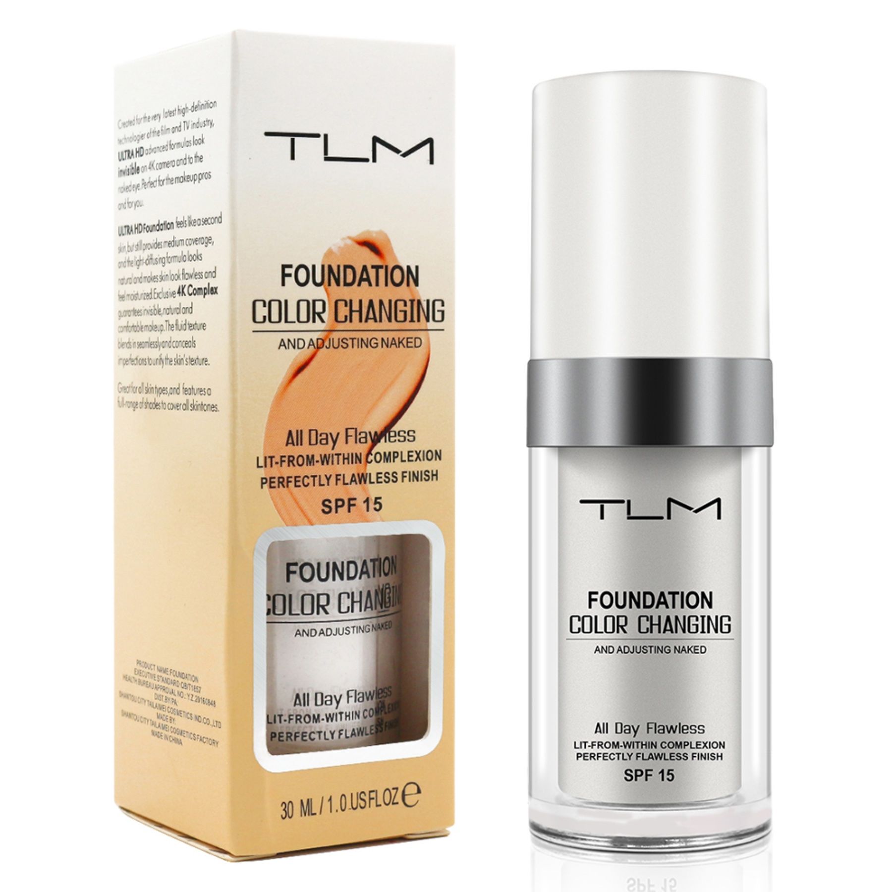 TLM Foundation Color Changing. Flasche und Verpackung. SPF 15. 30 ml.