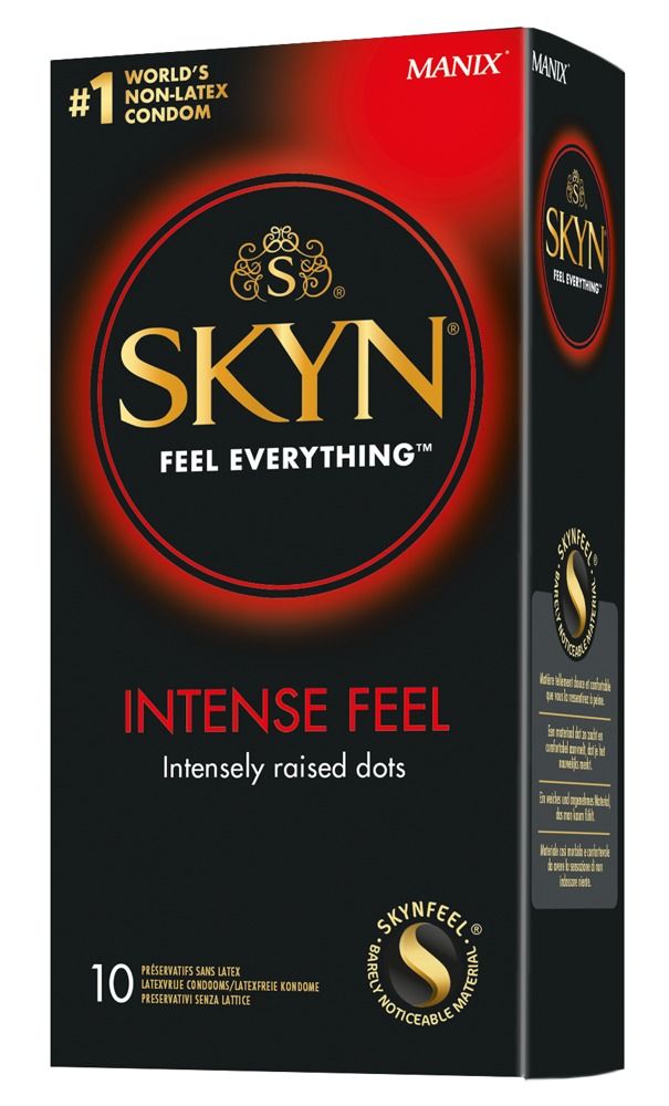 Schwarze Schachtel mit SKYN-Logo und rotem Kreis. "Intense Feel" und "10" sind sichtbar. Frontansicht.