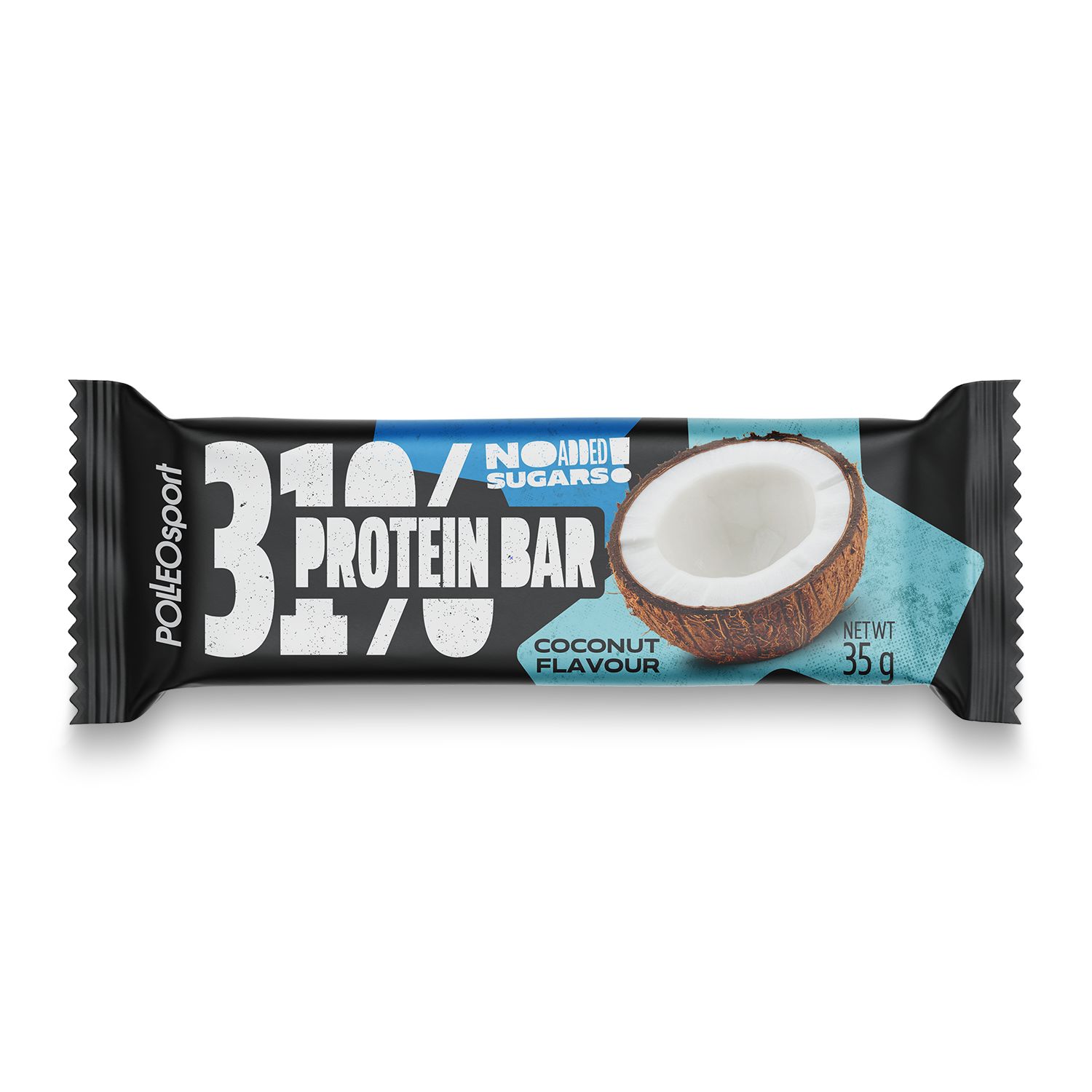 Schwarze Proteinriegel-Verpackung mit Logo und Aufschrift '31% Protein Bar'. Abbildung einer Kokosnuss. Nettogewicht: 35g.