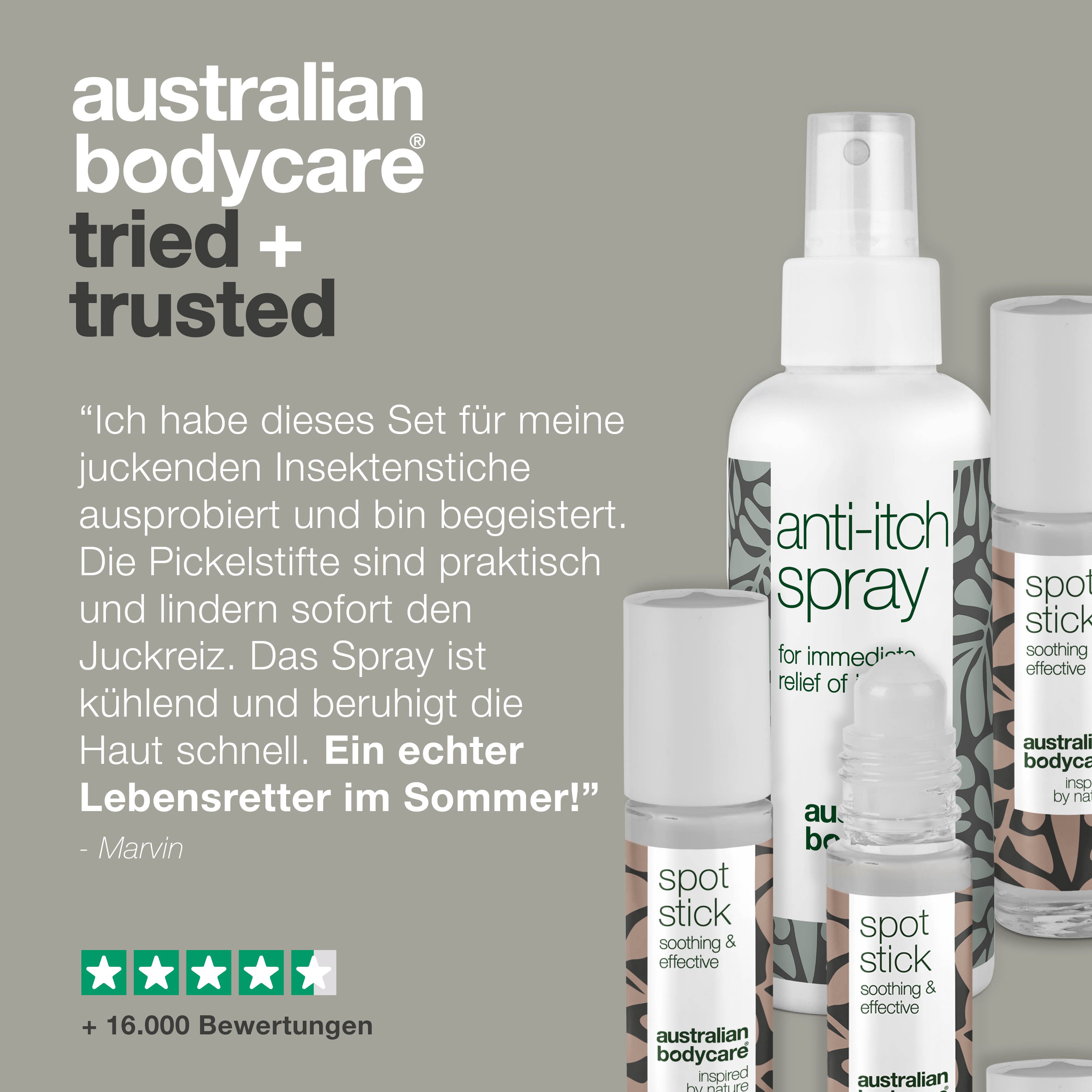 Grafik mit Anti-Juckreiz-Spray und Spot Sticks.  Markenname und Text sichtbar.  Text und Sterne.