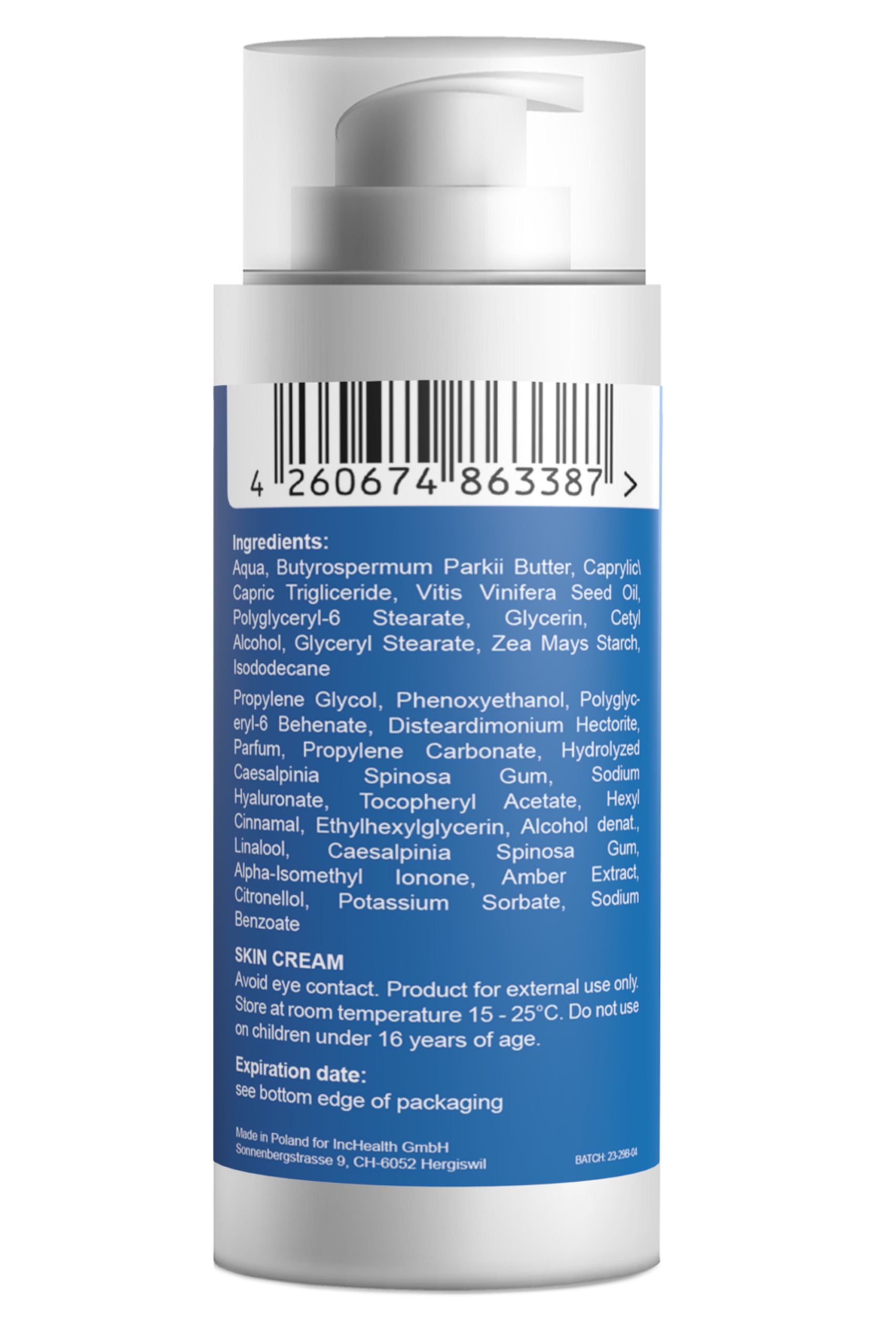 Flasche mit Pumpspender, Rückseite mit Barcode und Inhaltsstoffen für Hautcreme.
