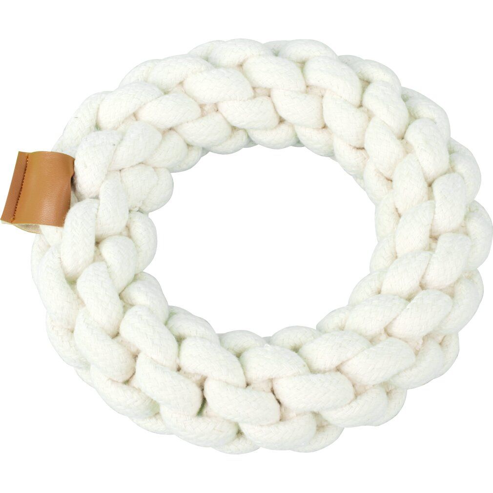 Weißes, geflochtenes Baumwollspielzeug in Ringform mit braunem Lederdetail.