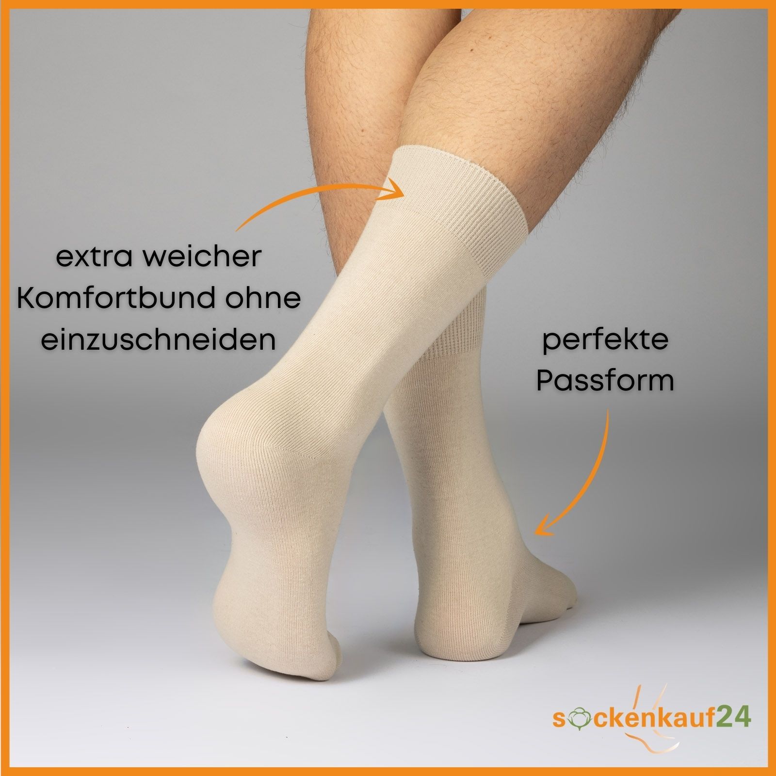 Mann trägt beige Socken. Text: extra weicher Komfortbund ohne einzuschneiden, perfekte Passform.