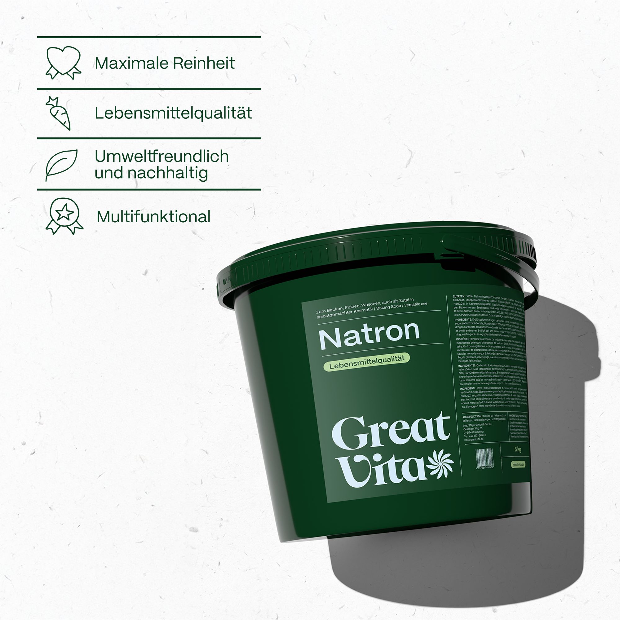 Grüner Eimer mit Aufschrift Natron und Great Vita. Icons mit Texten.