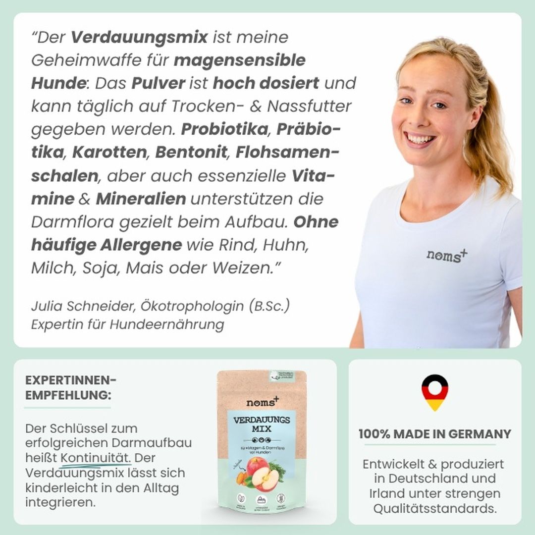 Expertin Julia Schneider empfiehlt Noms+ Verdauungsmix für Hunde.