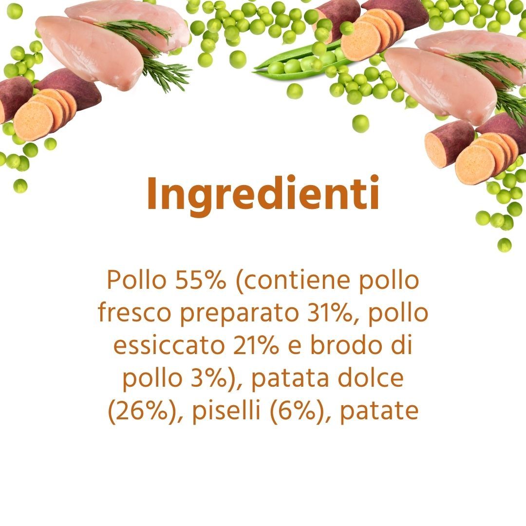 Zutatenliste: 55% Huhn, 26% Süßkartoffeln, Erbsen. Text: Ingredienti, Pollo, Patate dolci, Piselli.