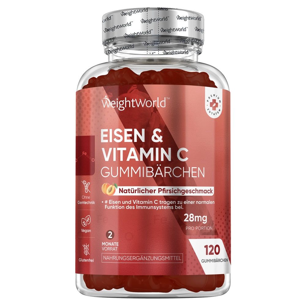 WeightWorld Eisen & Vitamin C Gummibärchen. 120 Gummibärchen. 28mg pro Portion. Natürlicher Pfirsichgeschmack.