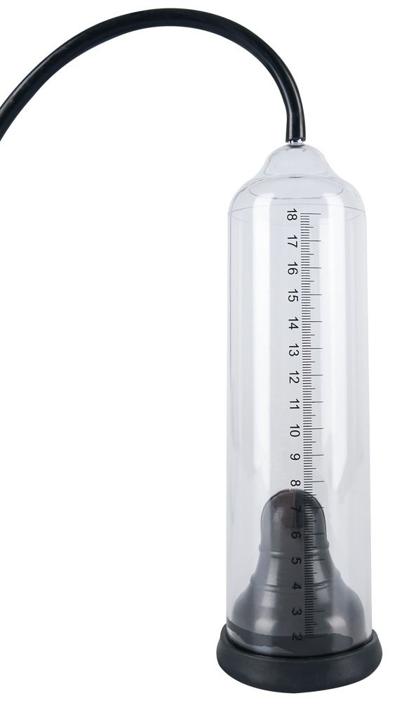 Transparenter Zylinder mit Skala und schwarzem Einsatz. Ein Schlauch ist am Zylinder befestigt.