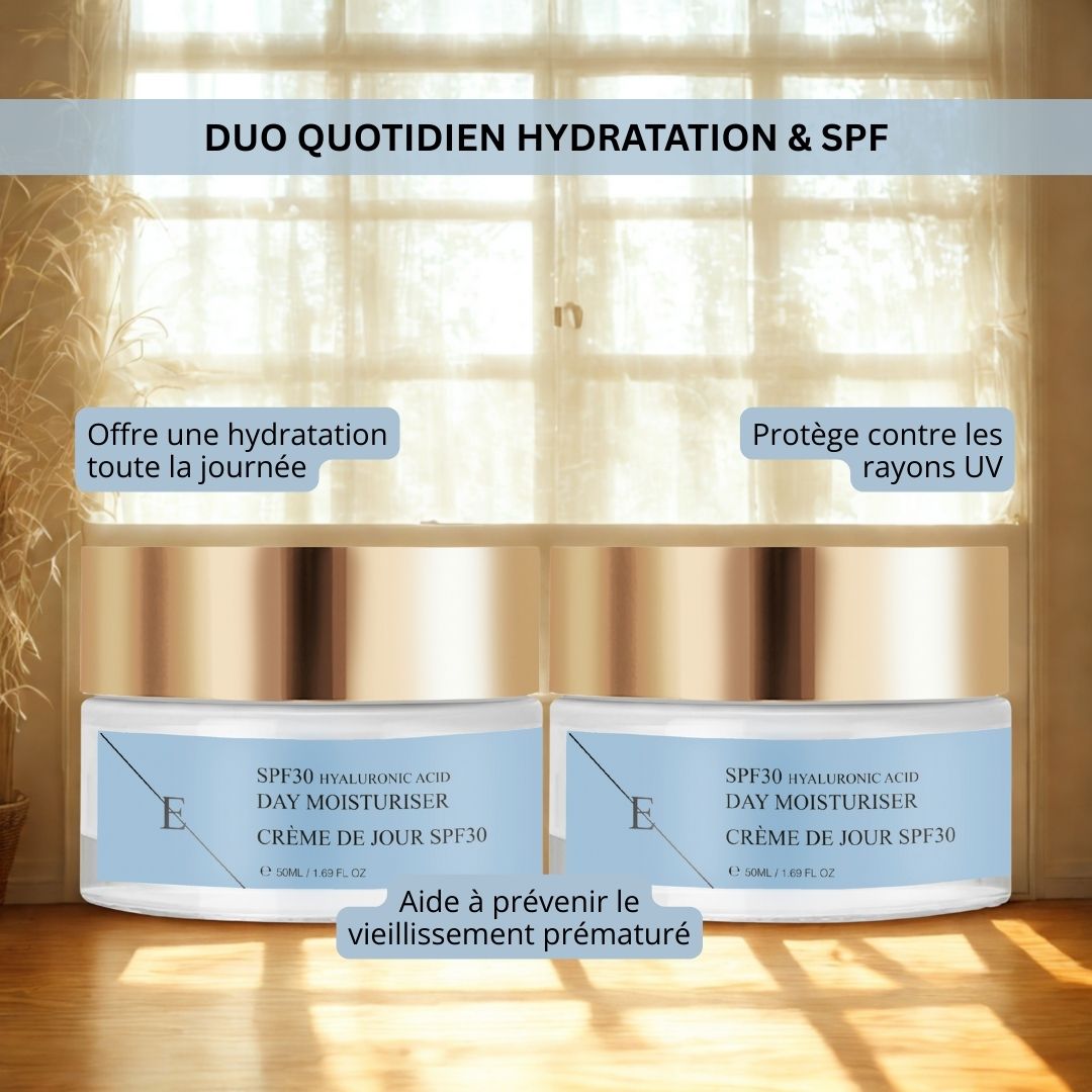 Zwei Gläser ErthSkin London Hyaluronsäure Tagescreme LSF 30, beschriftet mit 'Offre une hydratation toute la journée', 'Protège contre les rayons UV', 'Aide à prévenir le vieillissement prématuré'.