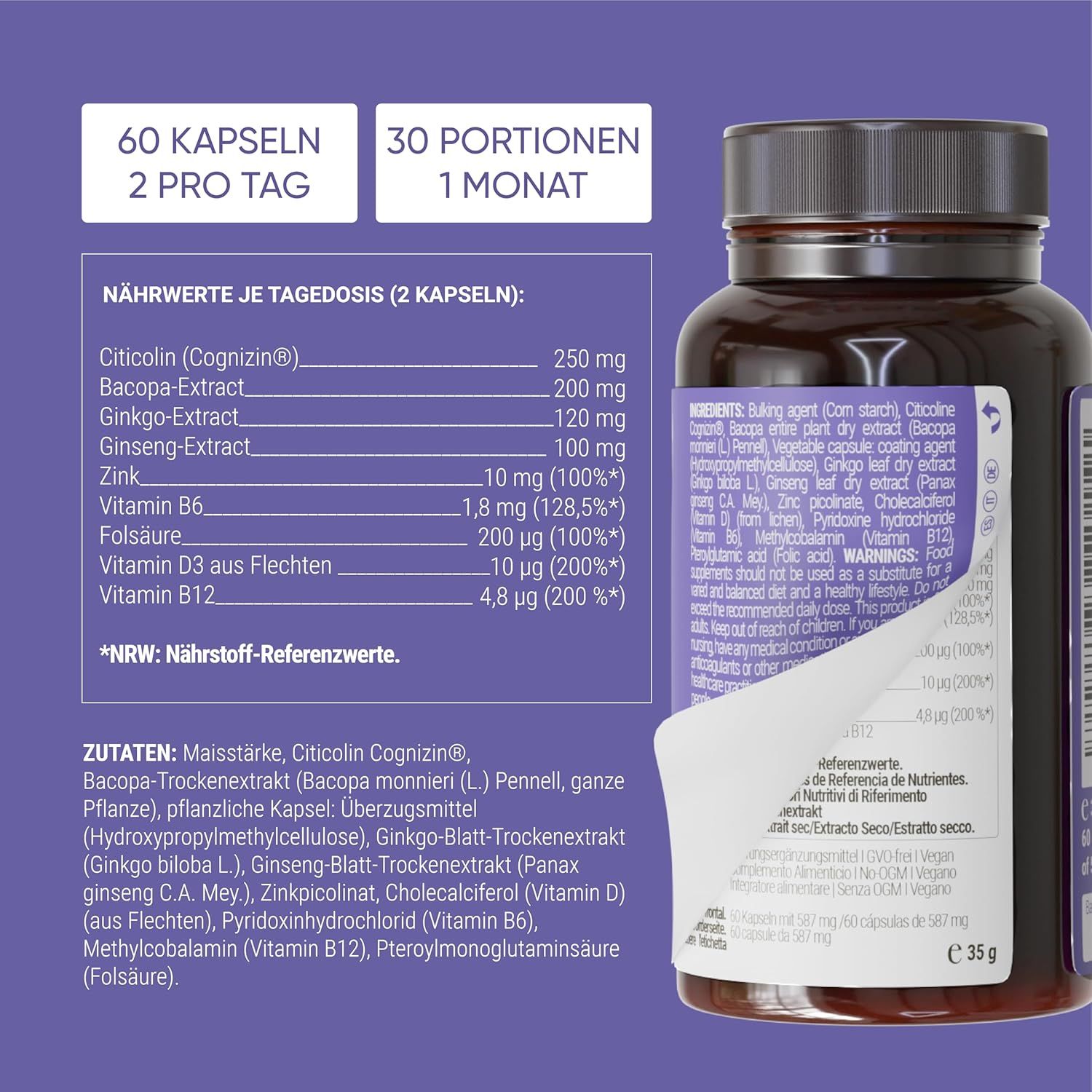 Flasche mit Etikett. Aufschrift: 60 Kapseln, 2 pro Tag. Nährwertangaben und Zutatenliste. Text: Nährwerte je Tagesdosis (2 Kapseln).