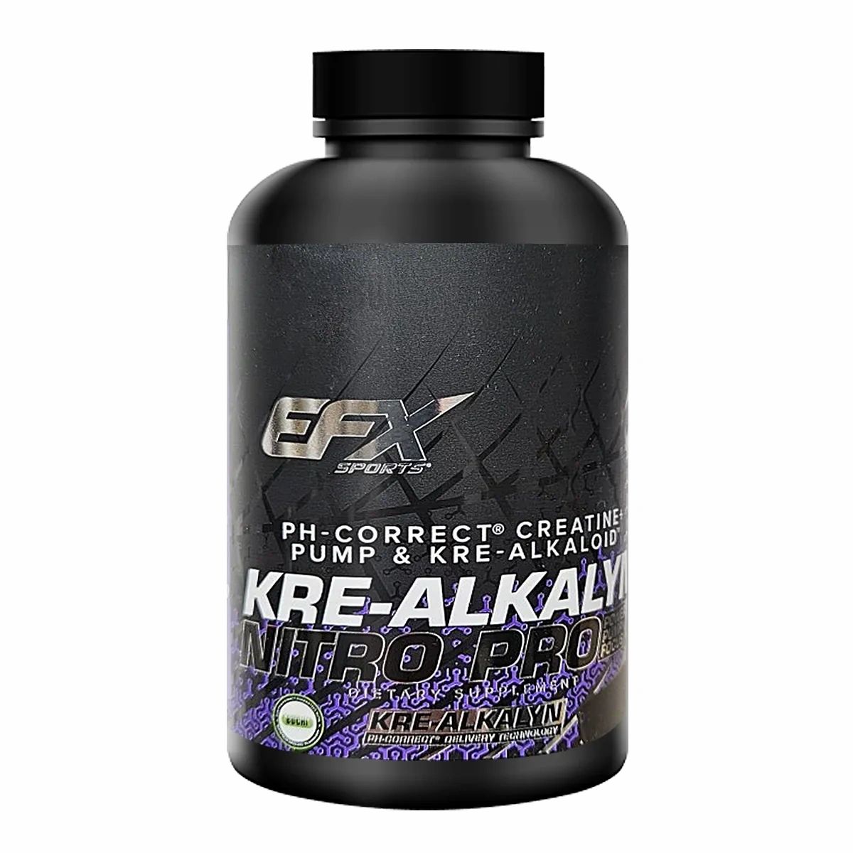 Schwarze Flasche mit schwarzem Deckel. Aufschrift: EFX SPORTS, KRE-ALKALYN NITRO PRO. Produktname in Lila.