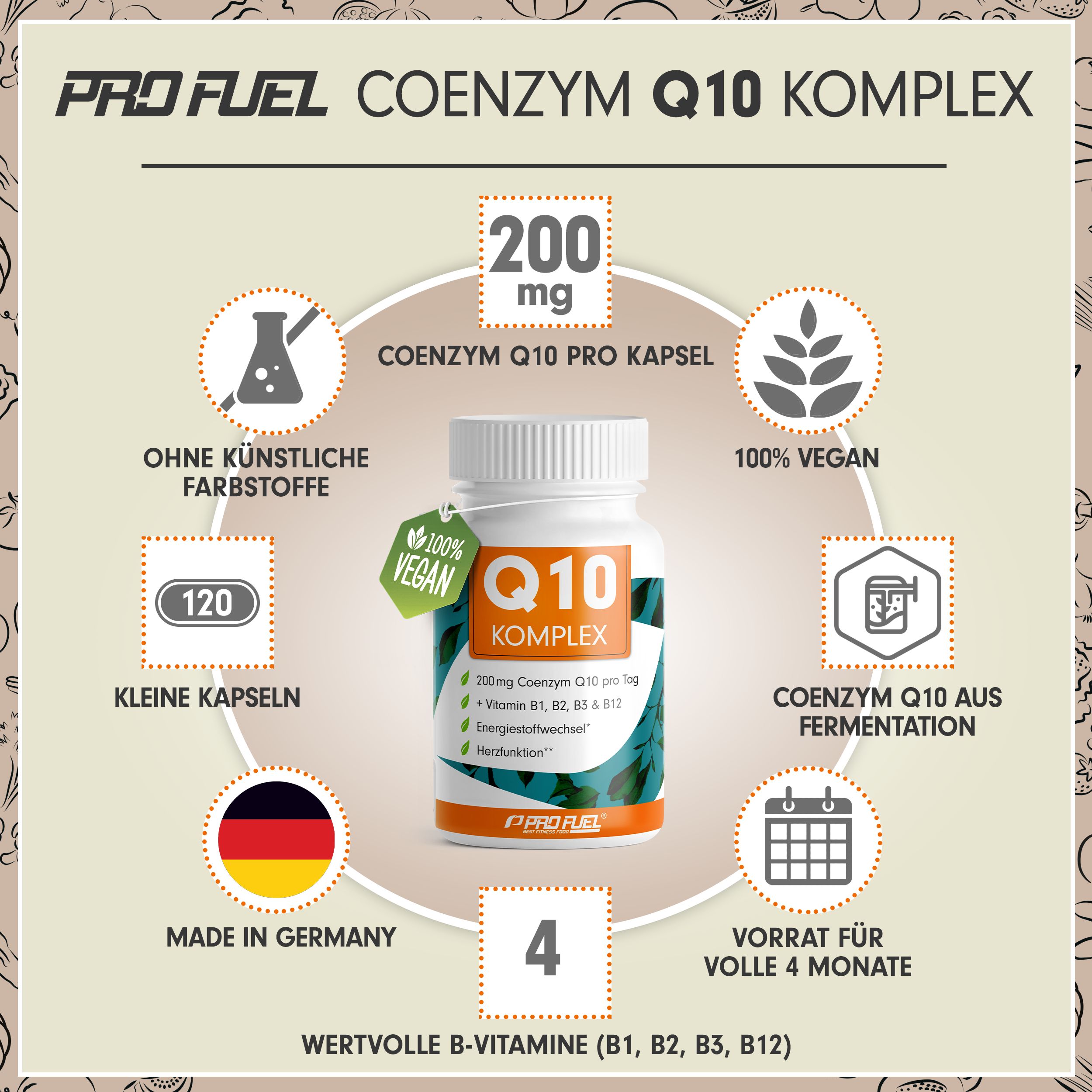 Weiße Kapsel-Dose mit grünem Etikett. Text: Q10 KOMPLEX, 200mg Coenzym Q10, Vitamin B12. Runde Icons: vegan, kleine Kapseln, Made in Germany.